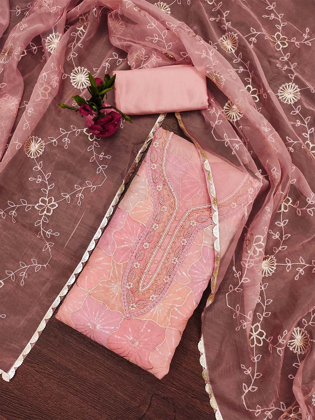 

KALINI Embroidered Organza Unstitched Dress Material, Pink