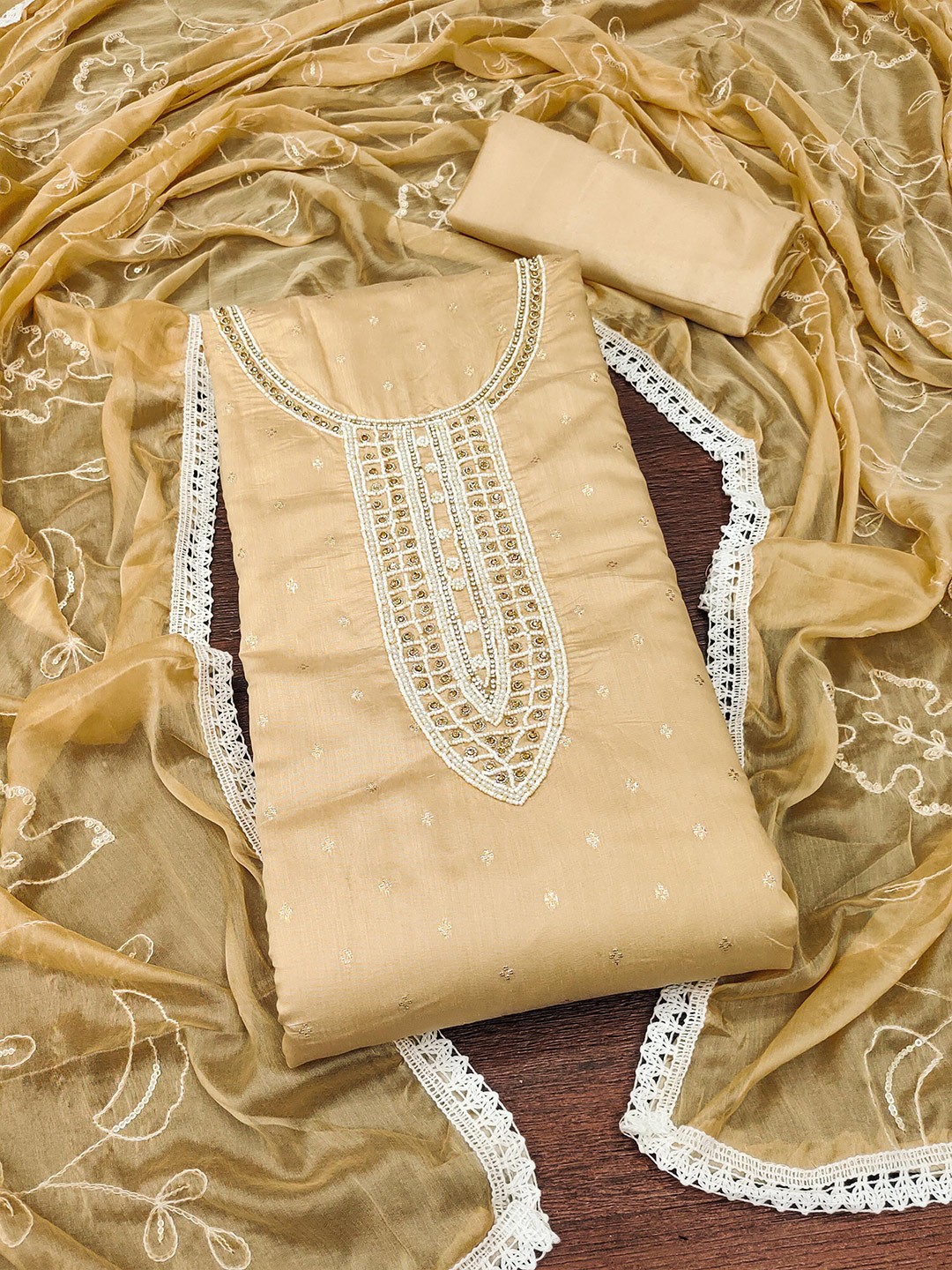 

KALINI Embellished Pure Cotton Unstitched Dress Material, Beige