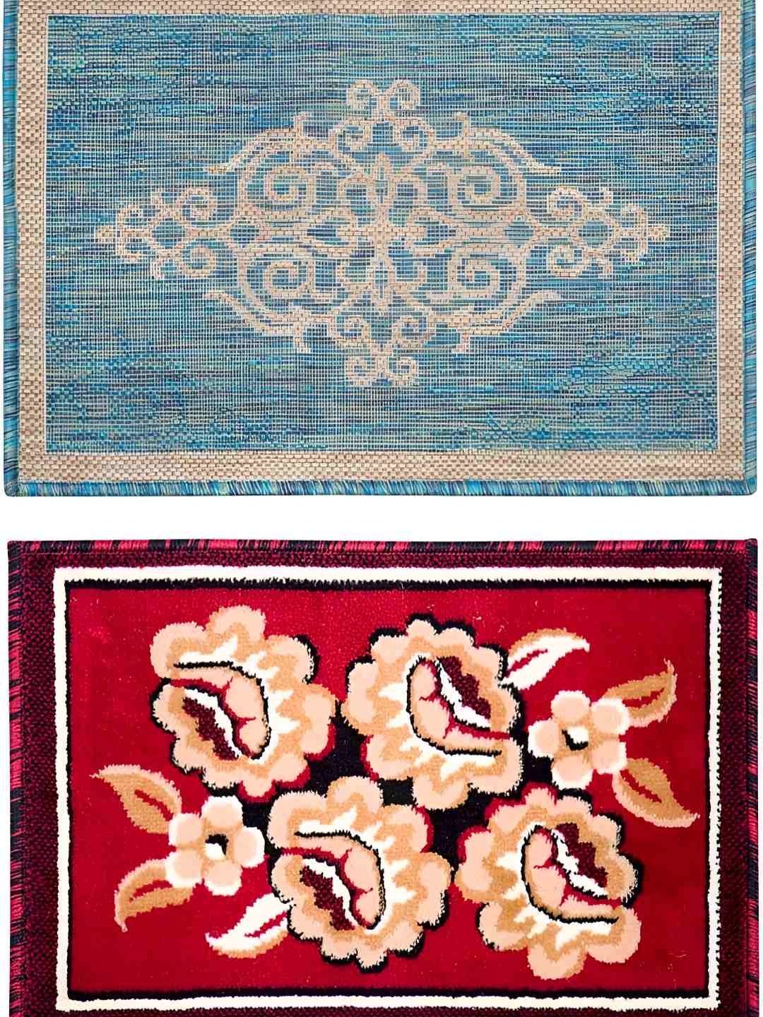 

Carpet Galore Blue & Red 2 Pieces Floral Printed Water Resistant Doormats