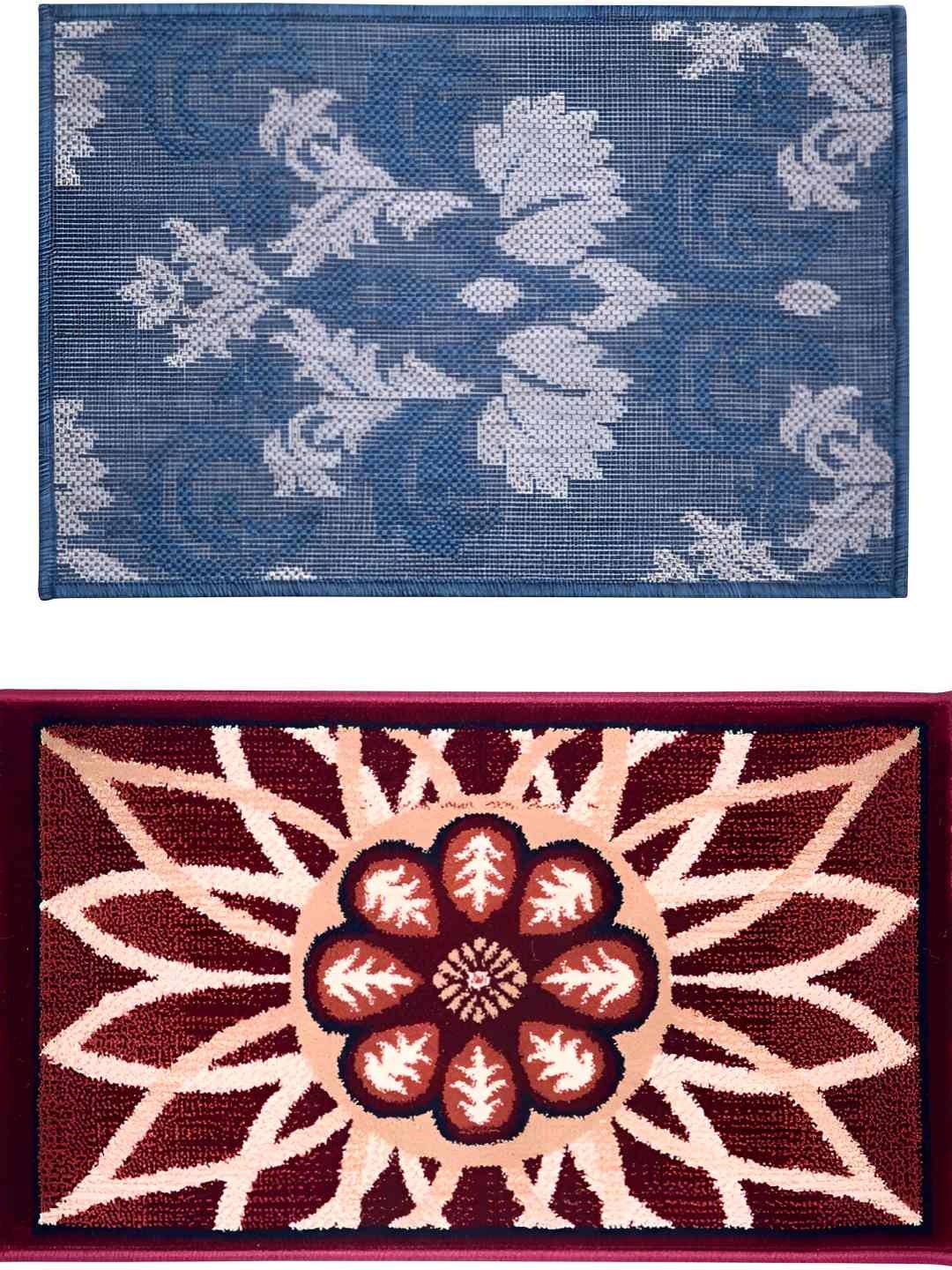 

Carpet Galore Blue & Red 2 Pieces Floral Printed Water Resistant Doormats