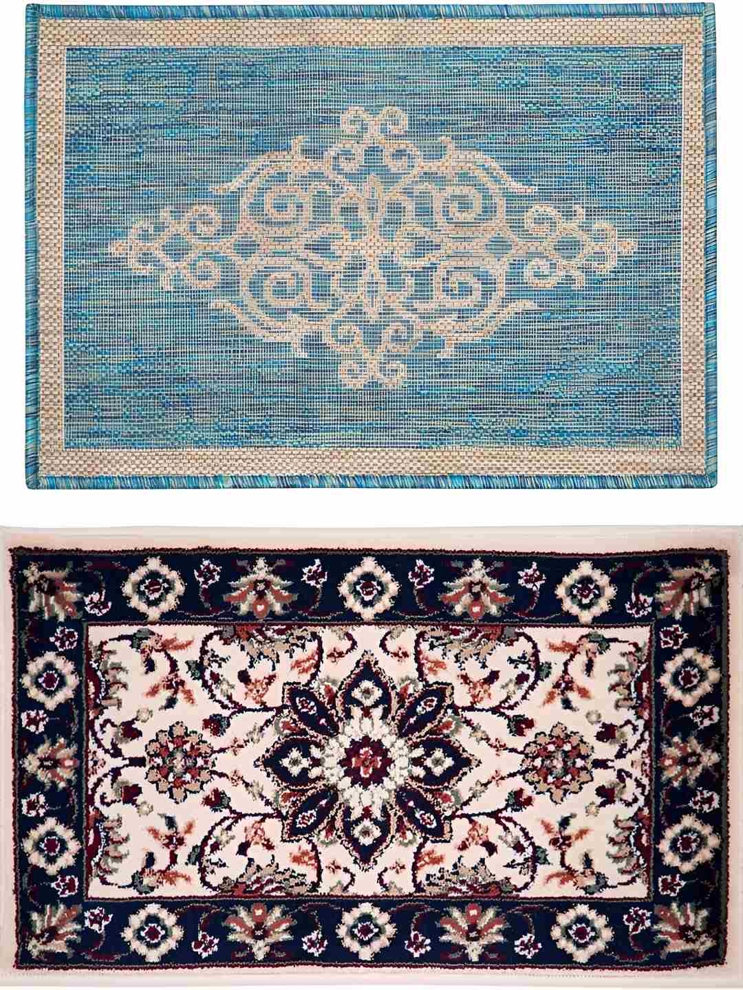 

Carpet Galore 2-Pcs Turquoise Blue & Beige Patterned Water-Resistant Door Mats