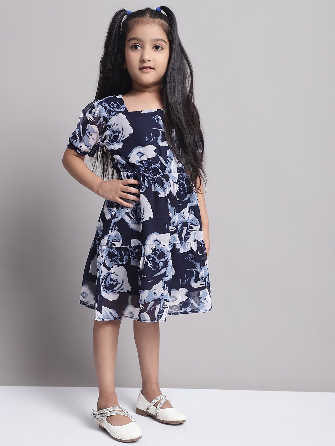 

MINI & MING Girls Floral Printed Georgette Fit & Flare Dress, Navy blue