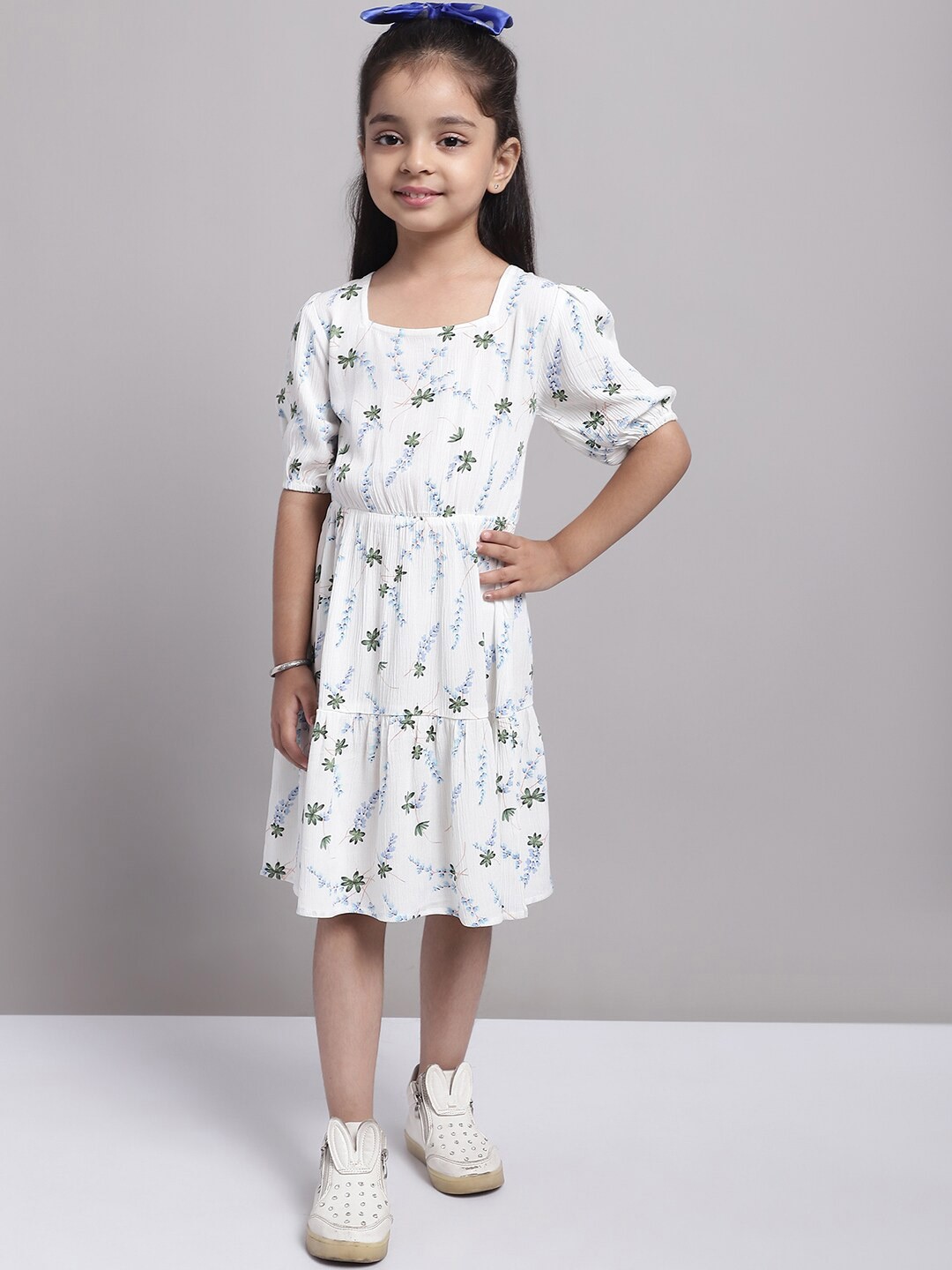 

MINI & MING Girls Floral Printed Puff Sleeve A-Line Dress, Cream