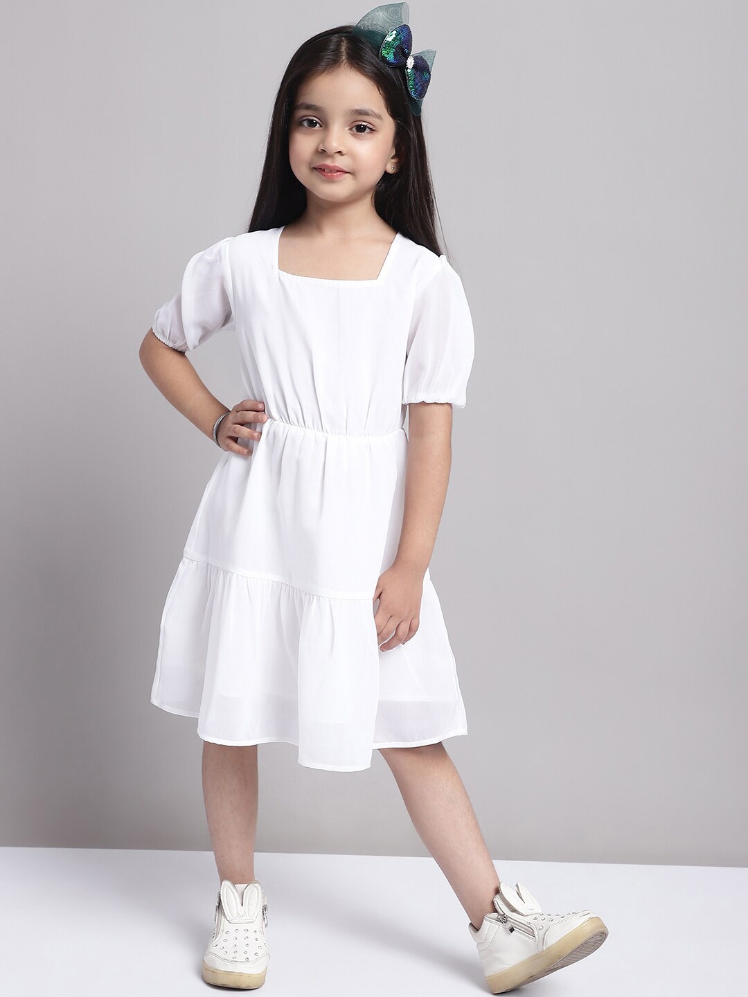 

MINI & MING Girls Puff Sleeve Georgette Fit & Flare Dress, White