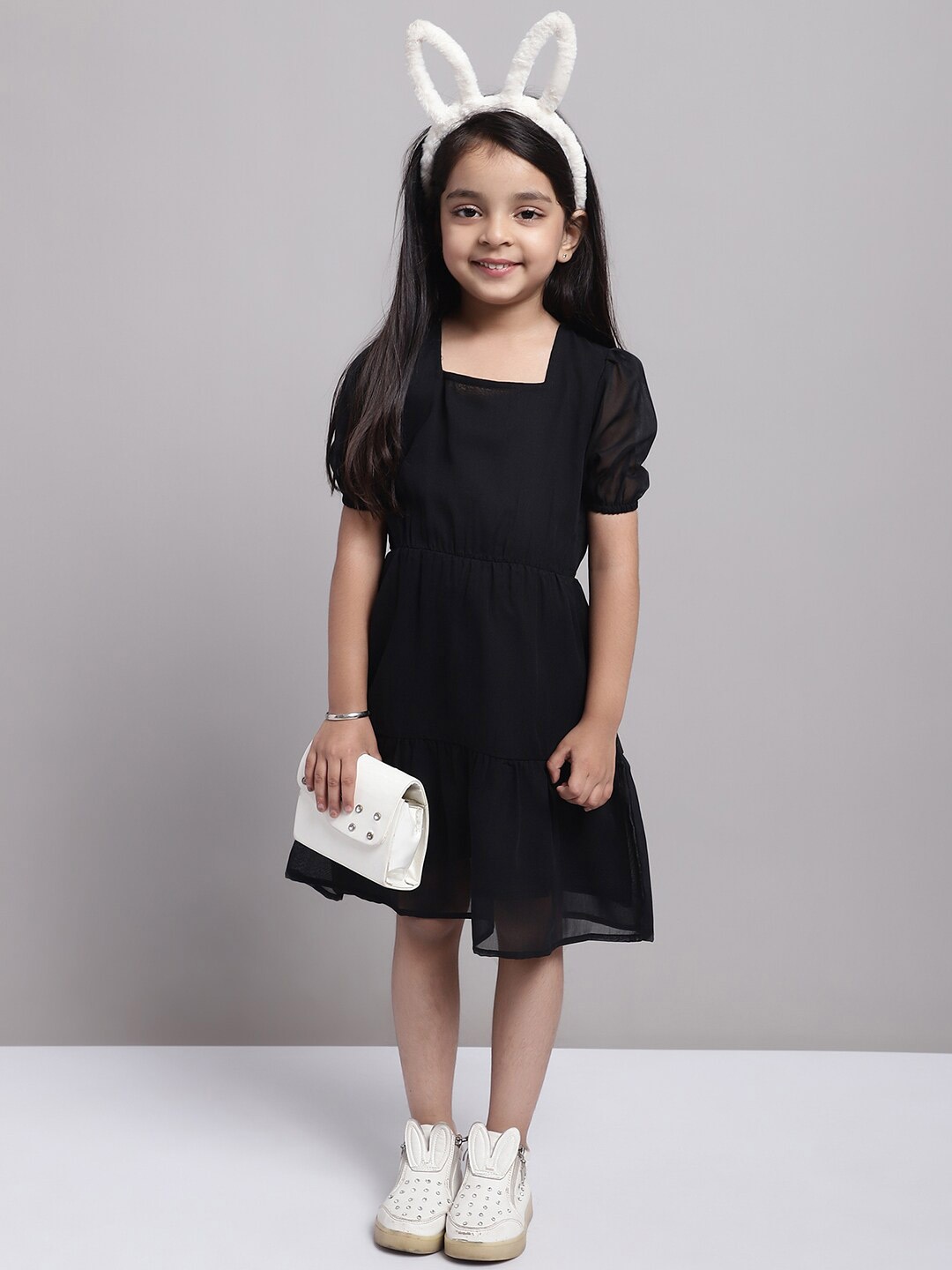 

MINI & MING Girls Puff Sleeve Georgette Fit & Flare Dress, Black