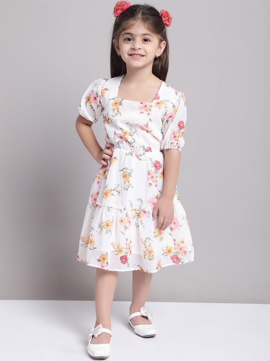 

MINI & MING Girls Floral Printed Puff Sleeve Georgette Empire Dress, Off white