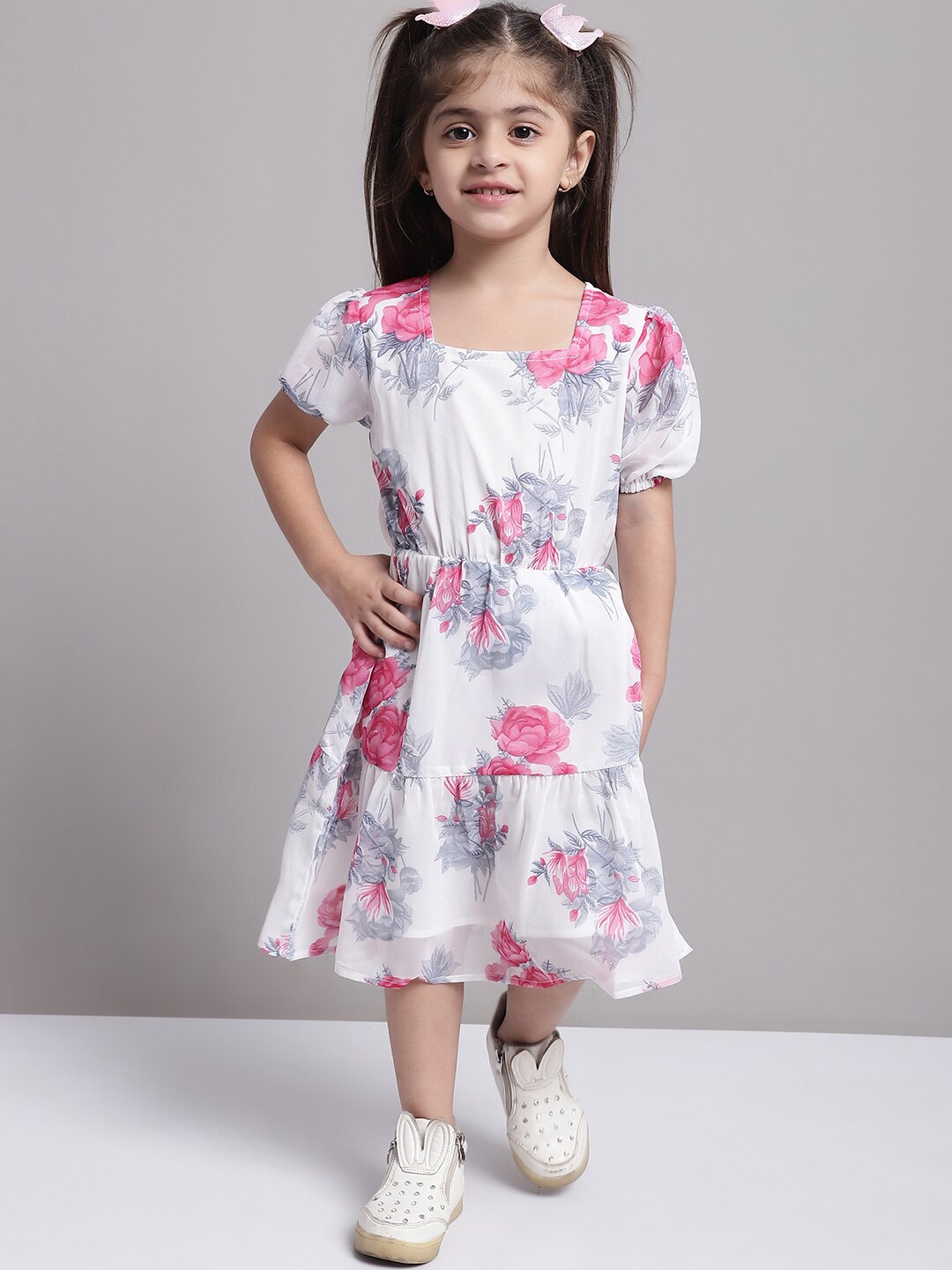 

MINI & MING Girls Floral Printed Puff Sleeve Georgette A-Line Midi Dress, White