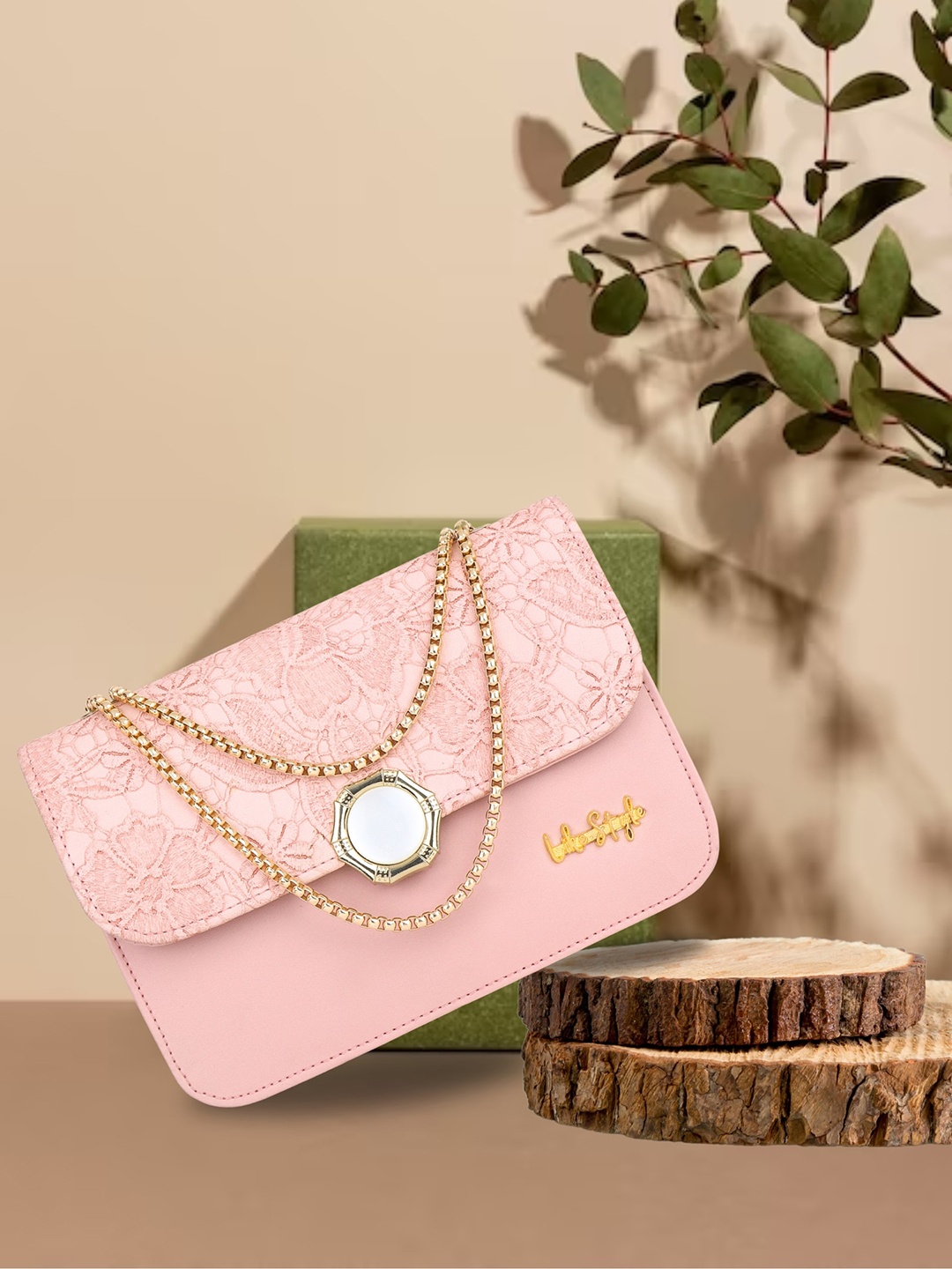 

LIKE STYLE Floral Textured Structured Sling Bag With Metallic Strap, Pink