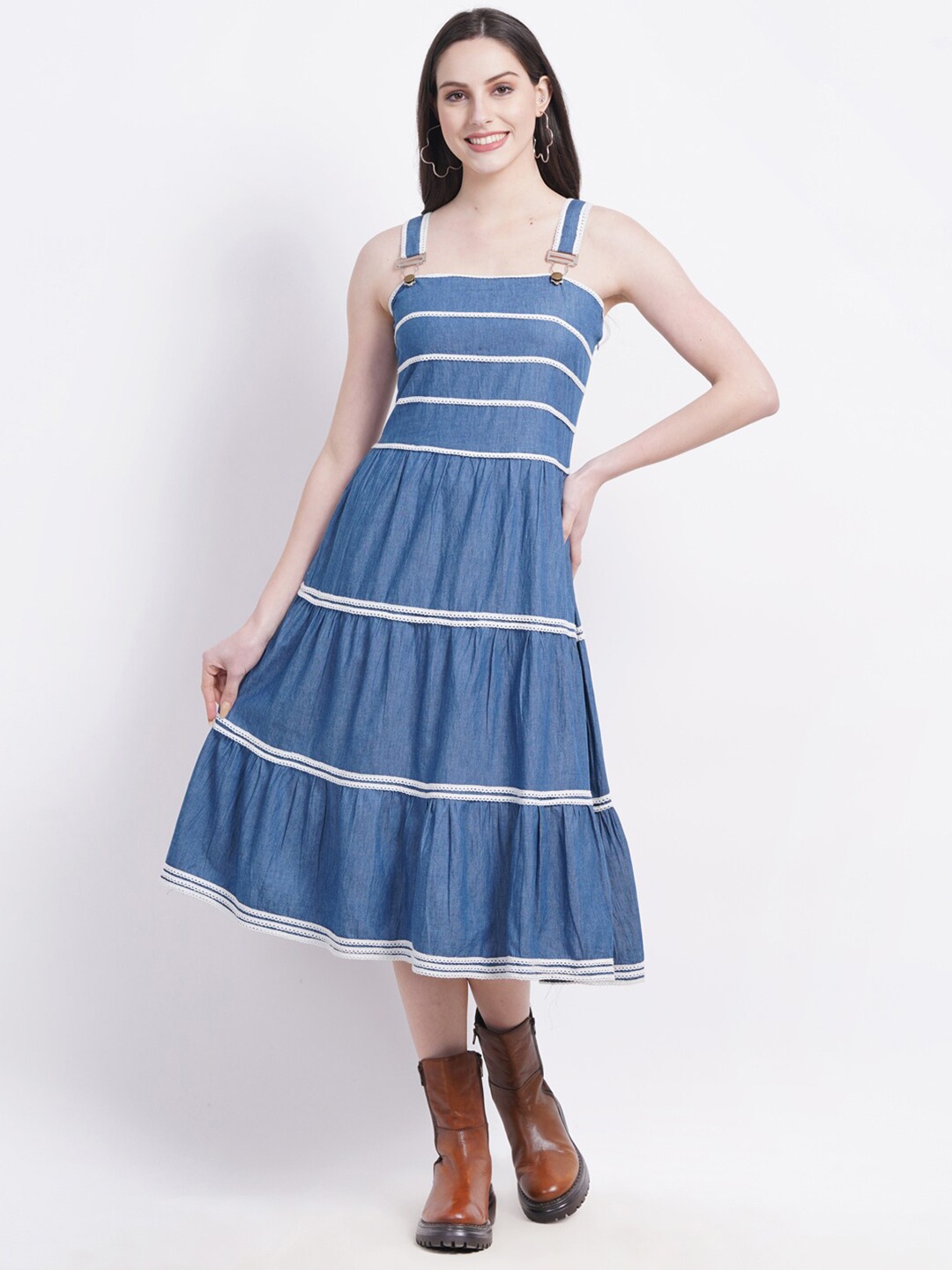 

SUMAVI-FASHION Striped Organic Cotton Denim Fit & Flare Midi Dress, Blue