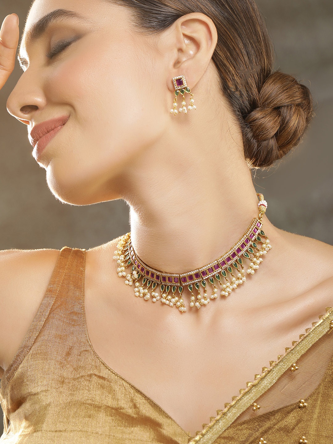 

Rubans 22 KT Gold-Plated CZ-Studded Pink & Green Stone Pearl-Beaded Jewellery Set