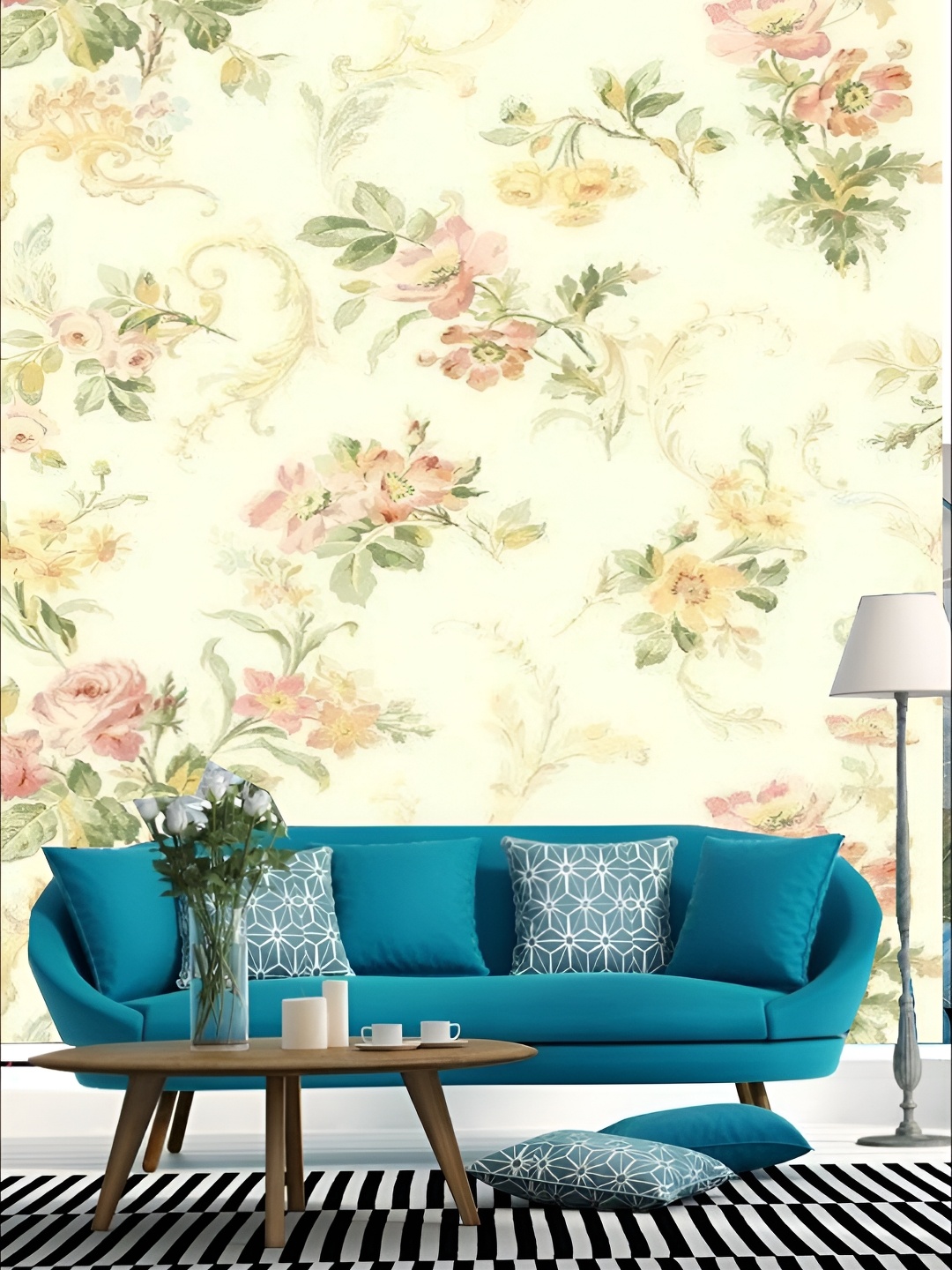 

KSHIRSA Cream Colored & Green Floral Printed Self-Adhesive Laminated Wallpaper Sticker