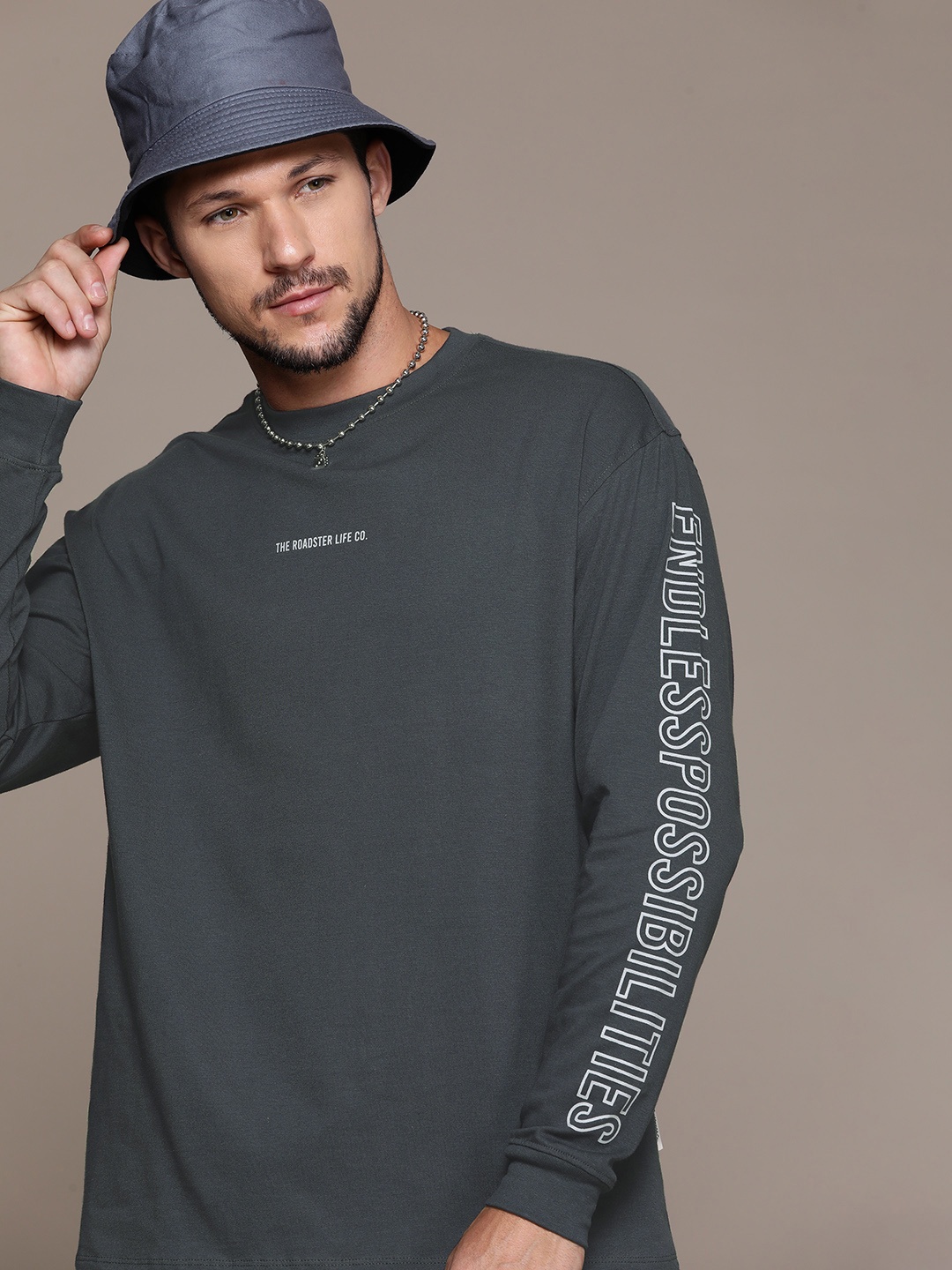 

The Roadster Lifestyle Co. Printed Pure Cotton Long Sleeve Relaxed T-shirt, Charcoal