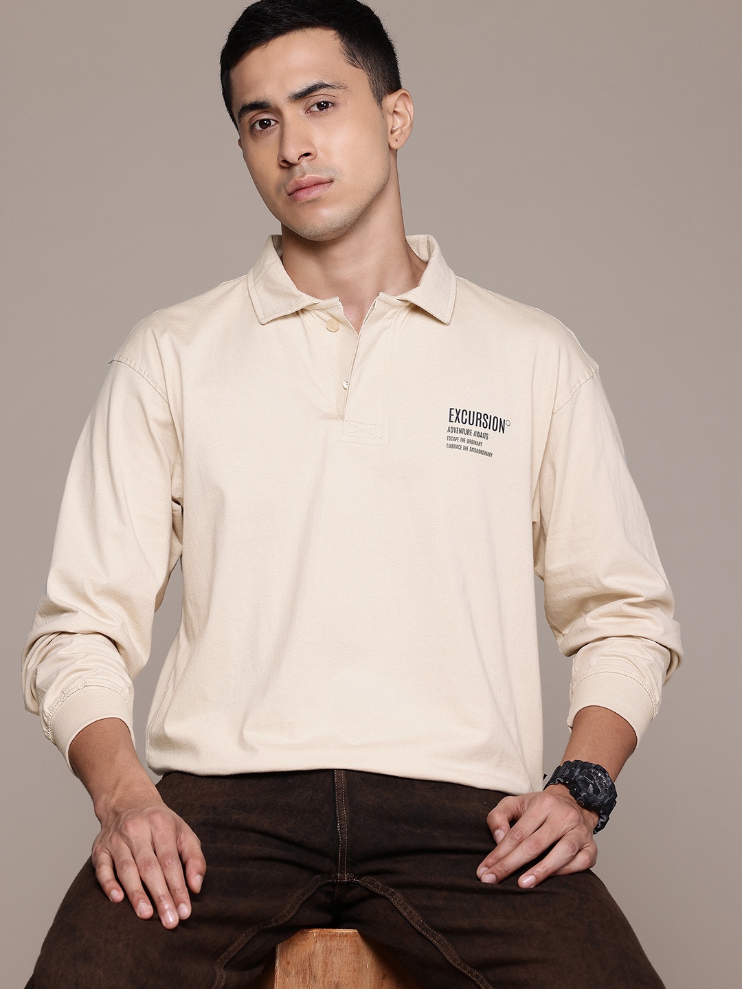

The Roadster Lifestyle Co. Men Polo Collar Pure Cotton T-shirt, Beige
