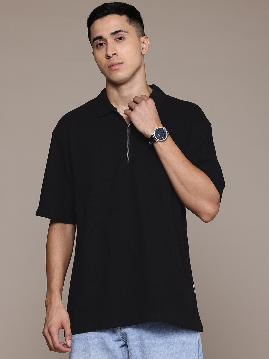

The Roadster Lifestyle Co. Polo Collar Relaxed Pure Cotton T-shirt, Black