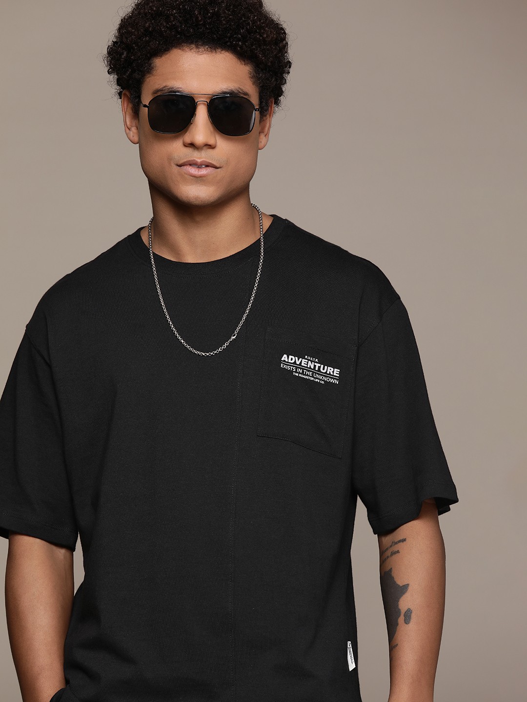 

The Roadster Lifestyle Co. Drop-Shoulder Sleeves Pure Cotton Relaxed T-shirt, Black