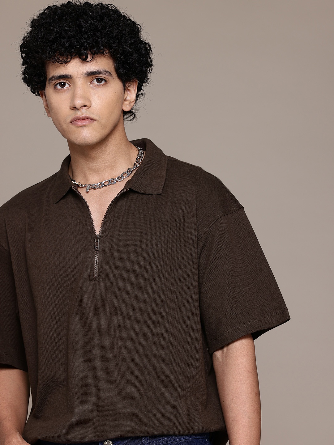 

The Roadster Lifestyle Co. Drop-Shoulder Sleeves Polo Collar Pure Cotton Oversized T-shirt, Brown