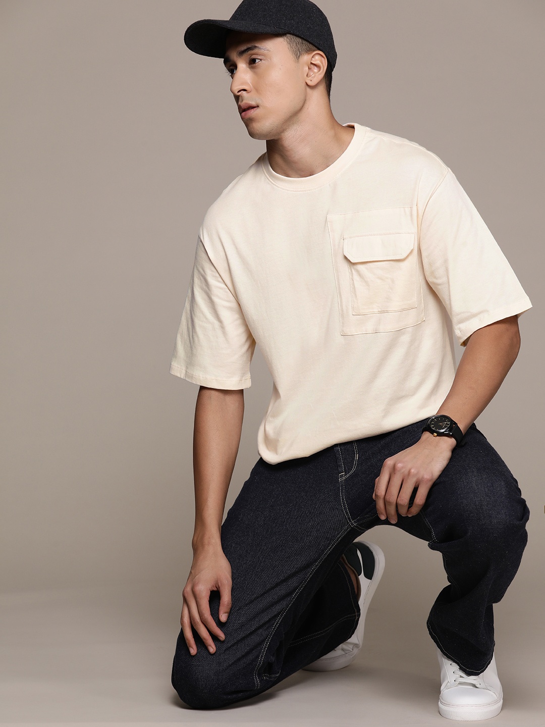 

The Roadster Lifestyle Co. Drop-Shoulder Sleeves Pure Cotton Relaxed T-shirt, Cream