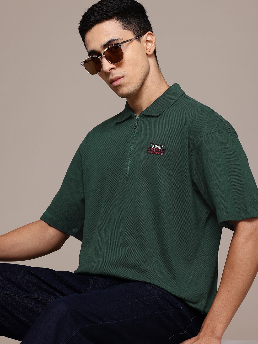 

The Roadster Lifestyle Co. Polo Collar Pure Cotton Relaxed T-shirt, Green
