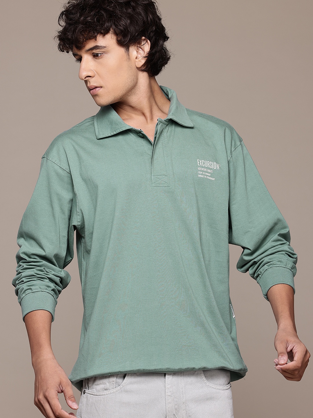 

The Roadster Lifestyle Co. Polo Collar Drop-Shoulder Sleeves Pure Cotton T-shirt, Green