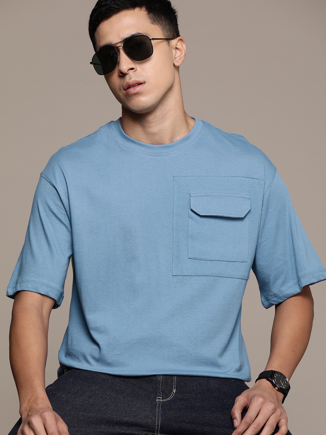 

The Roadster Lifestyle Co. Drop-Shoulder Sleeves Pure Cotton Relaxed T-shirt, Blue