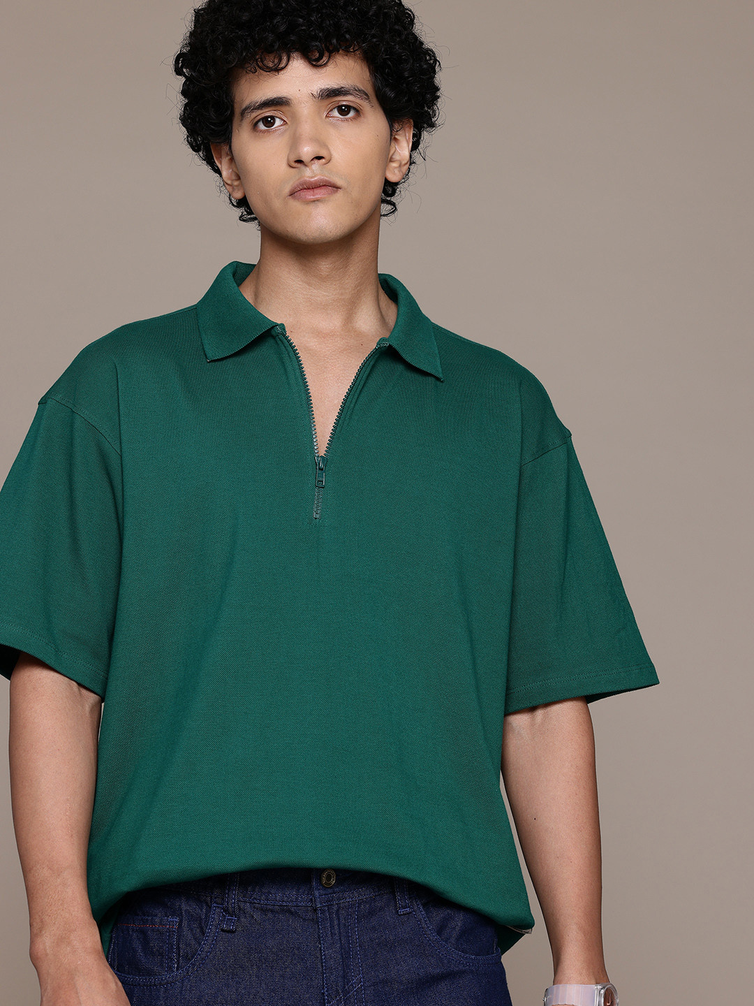 

The Roadster Lifestyle Co. Drop-Shoulder Sleeves Polo Collar Pure Cotton Oversized T-shirt, Green