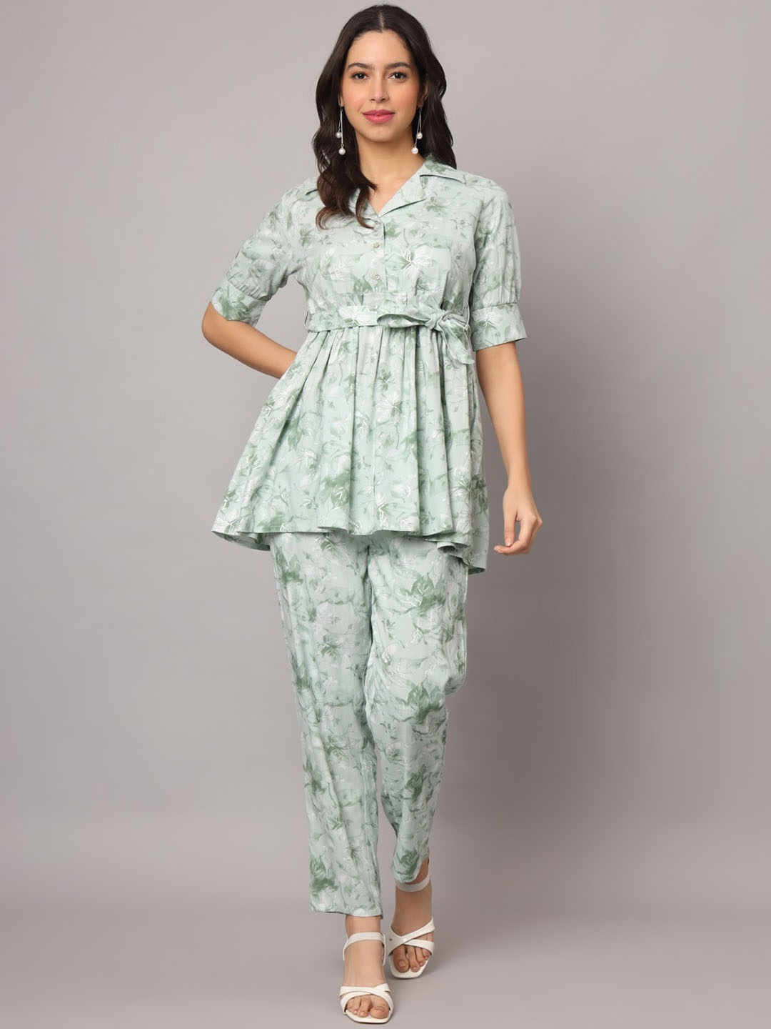 

KALINI Floral Printed Flared Hemline Top With Trouser, Green