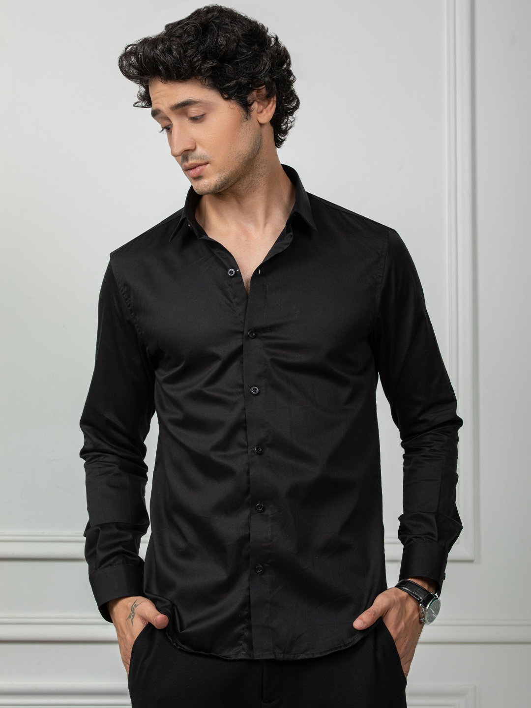

Hermanos Regular Fit Cotton Classic Opaque Semiformal Shirt, Black