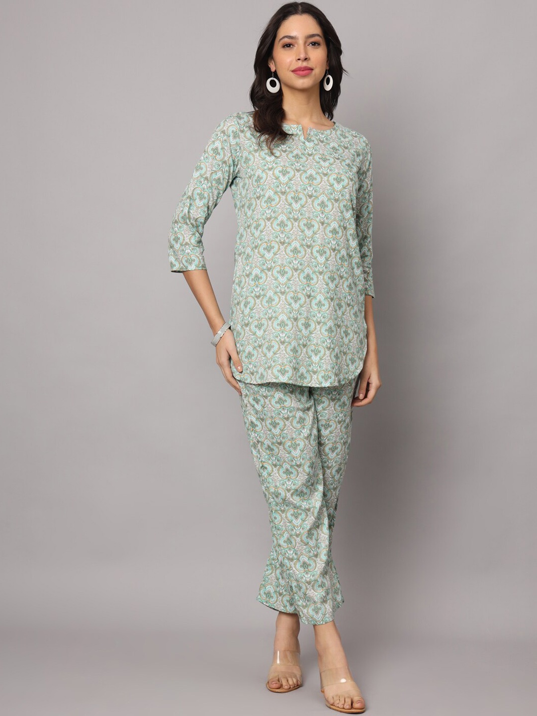 

KALINI Floral Printed Round Neck Top With Trouser, Green