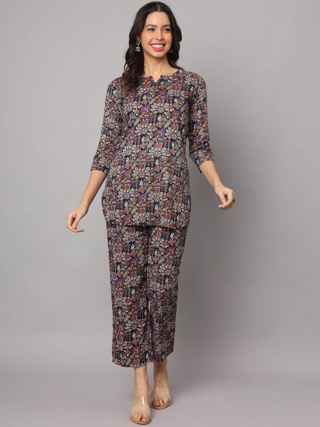 

KALINI Floral Printed Round Neck Top With Trouser, Grey