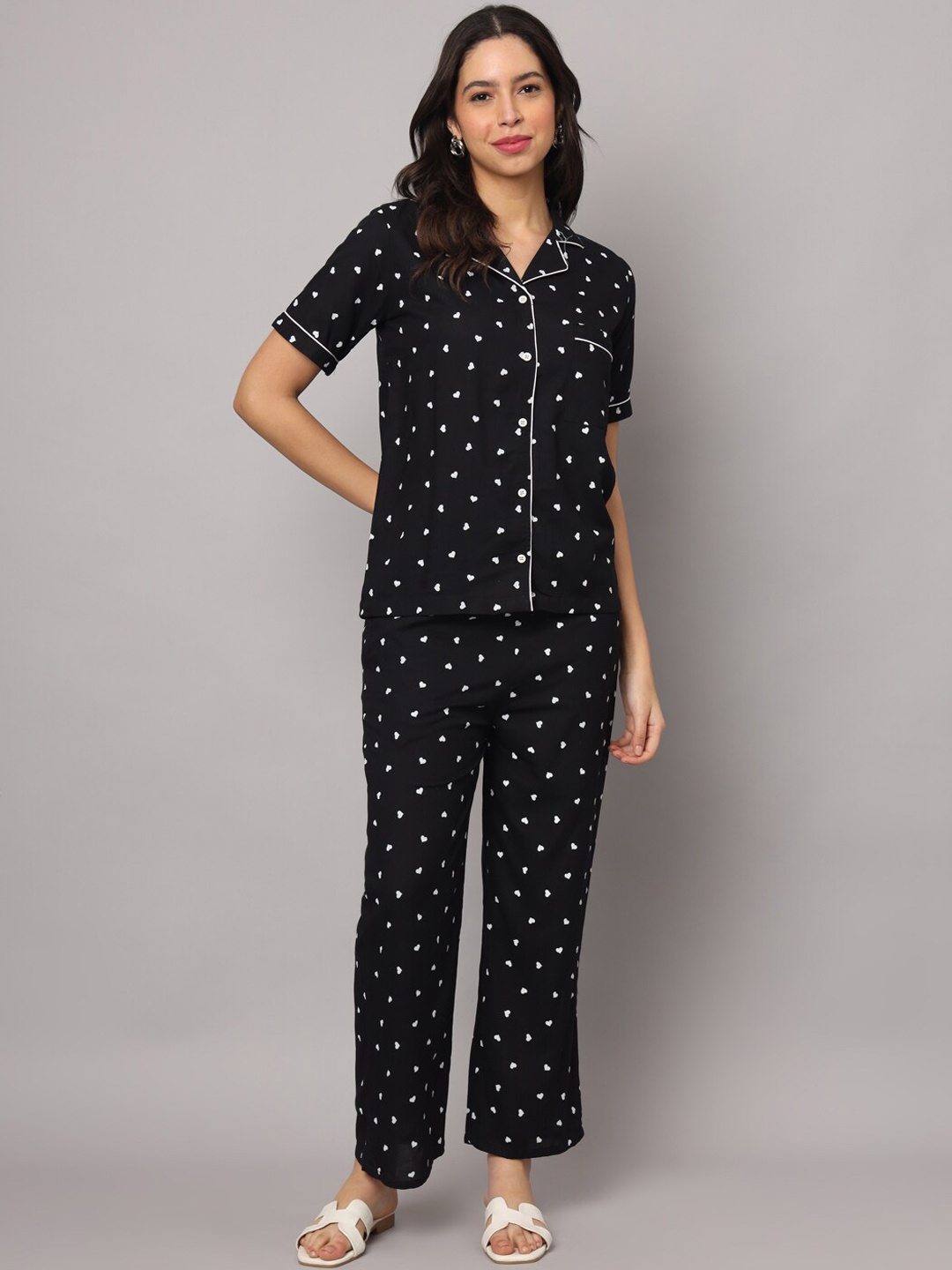 

KALINI Women Polka Dots Printed Night suit, Black