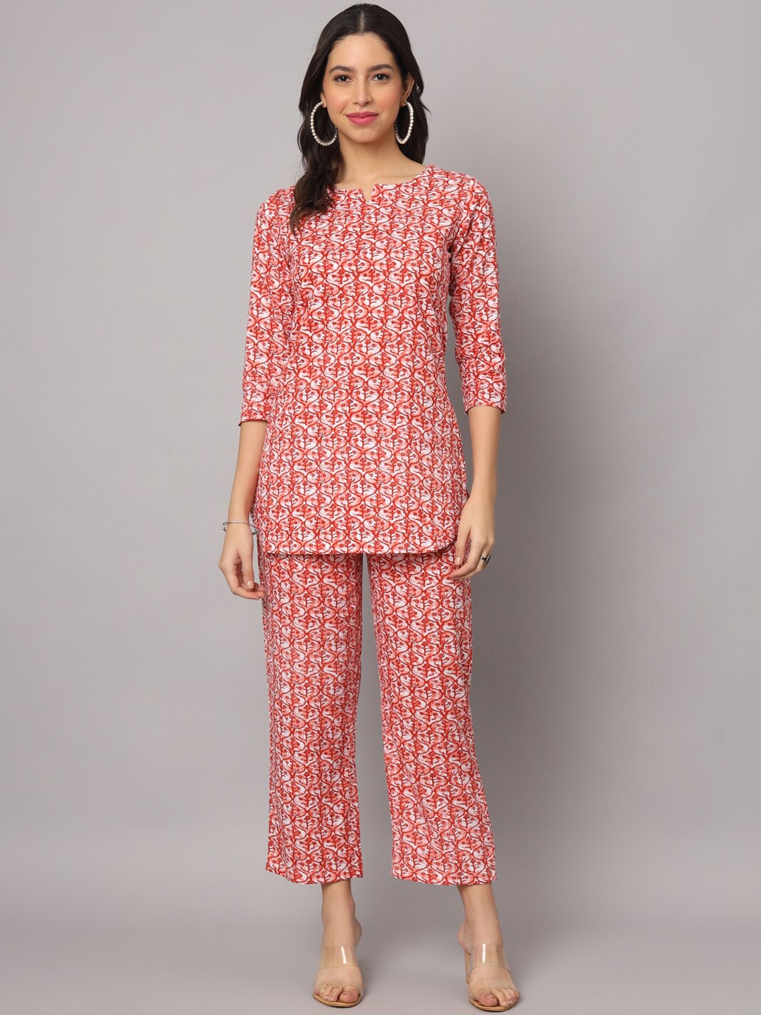 

Fusion Threads Floral Printed Top With Trouser Set, Red