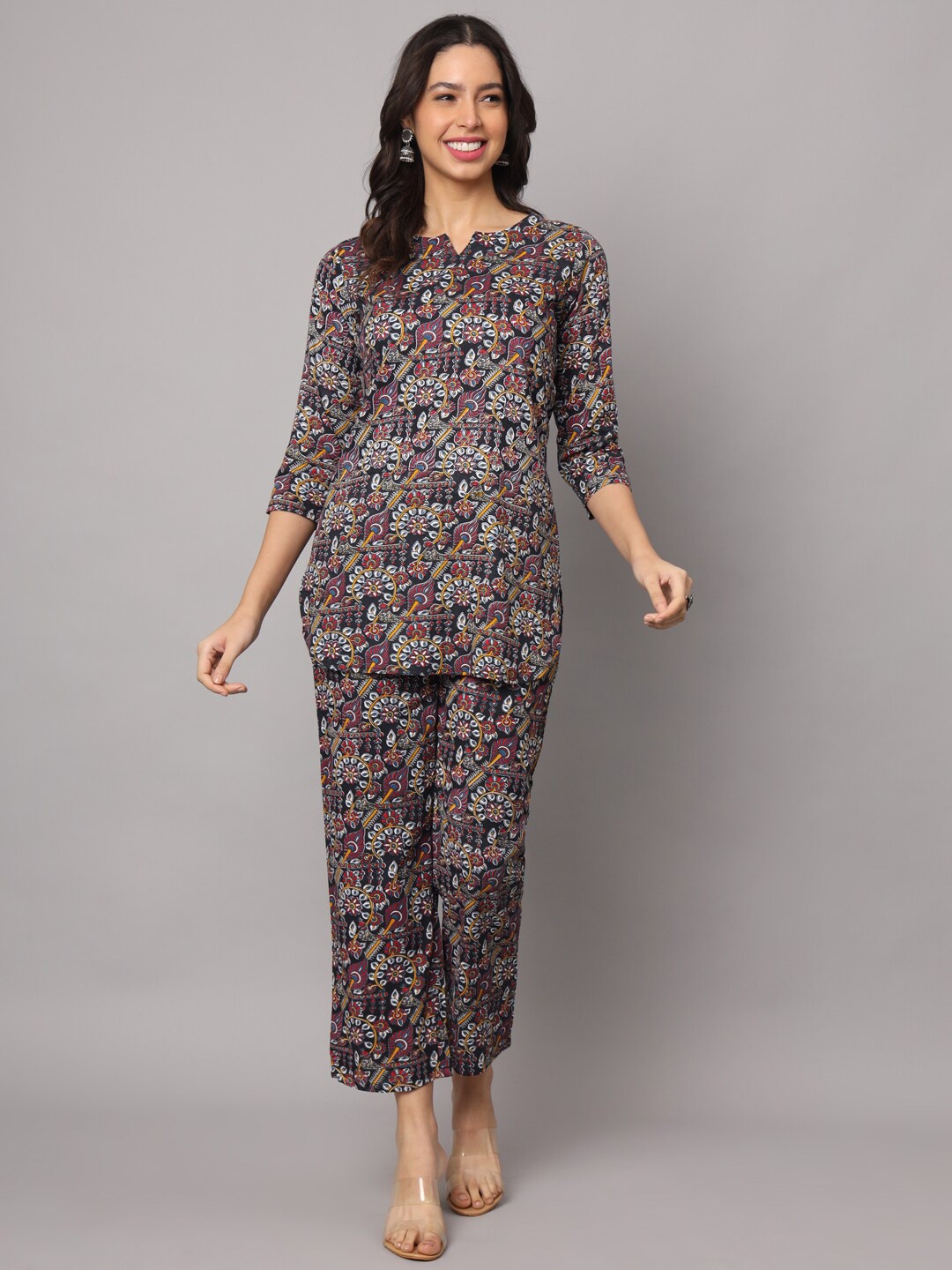 

KALINI Women Printed Tunic With Trousers, Grey