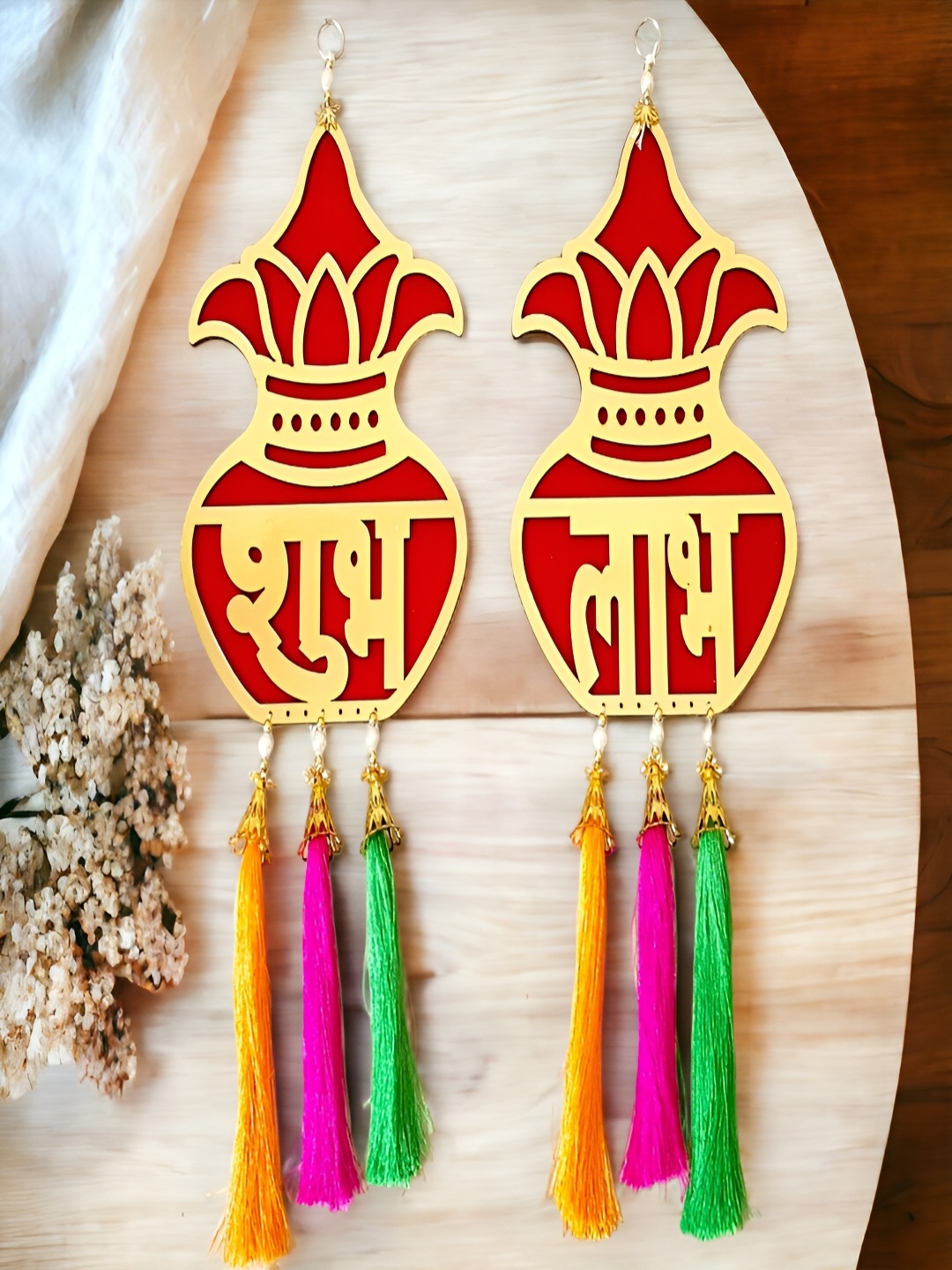 

NARYA TRADITIONAL Red & Beige 2 Pcs Wooden Shubh & Labh Hanging Wall Decor