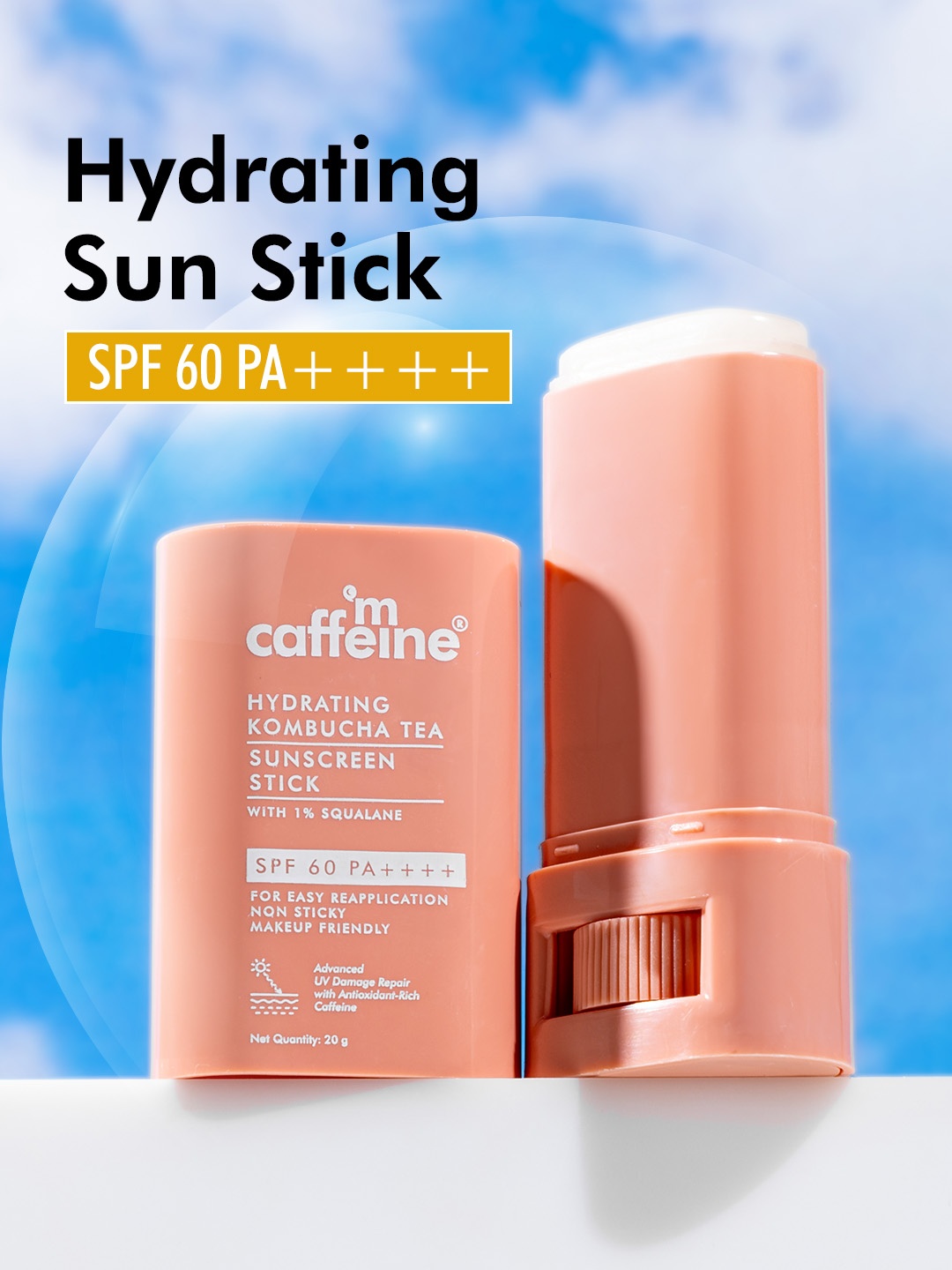 

MCaffeine Hydrating Kombucha Tea SPF60 PA++++ Sunscreen Stick with Squalane - 20 g, Peach