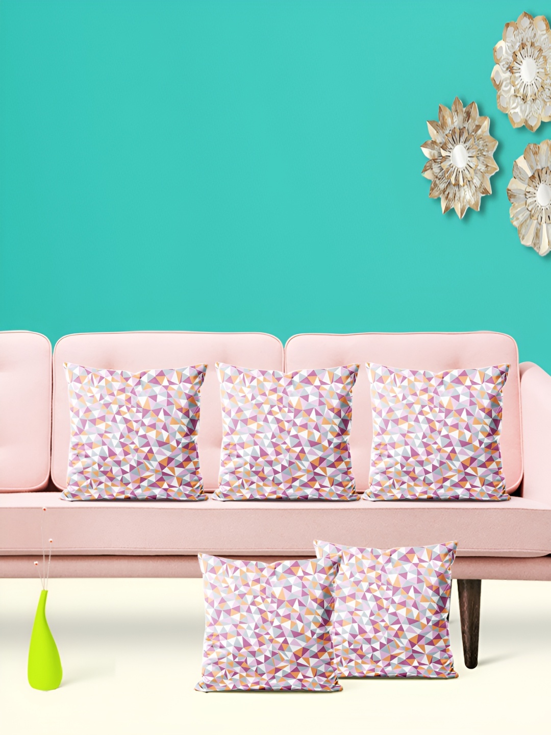 

ArtzFolio Pink 5 Pieces Geometric Velvet Square Cushion Covers