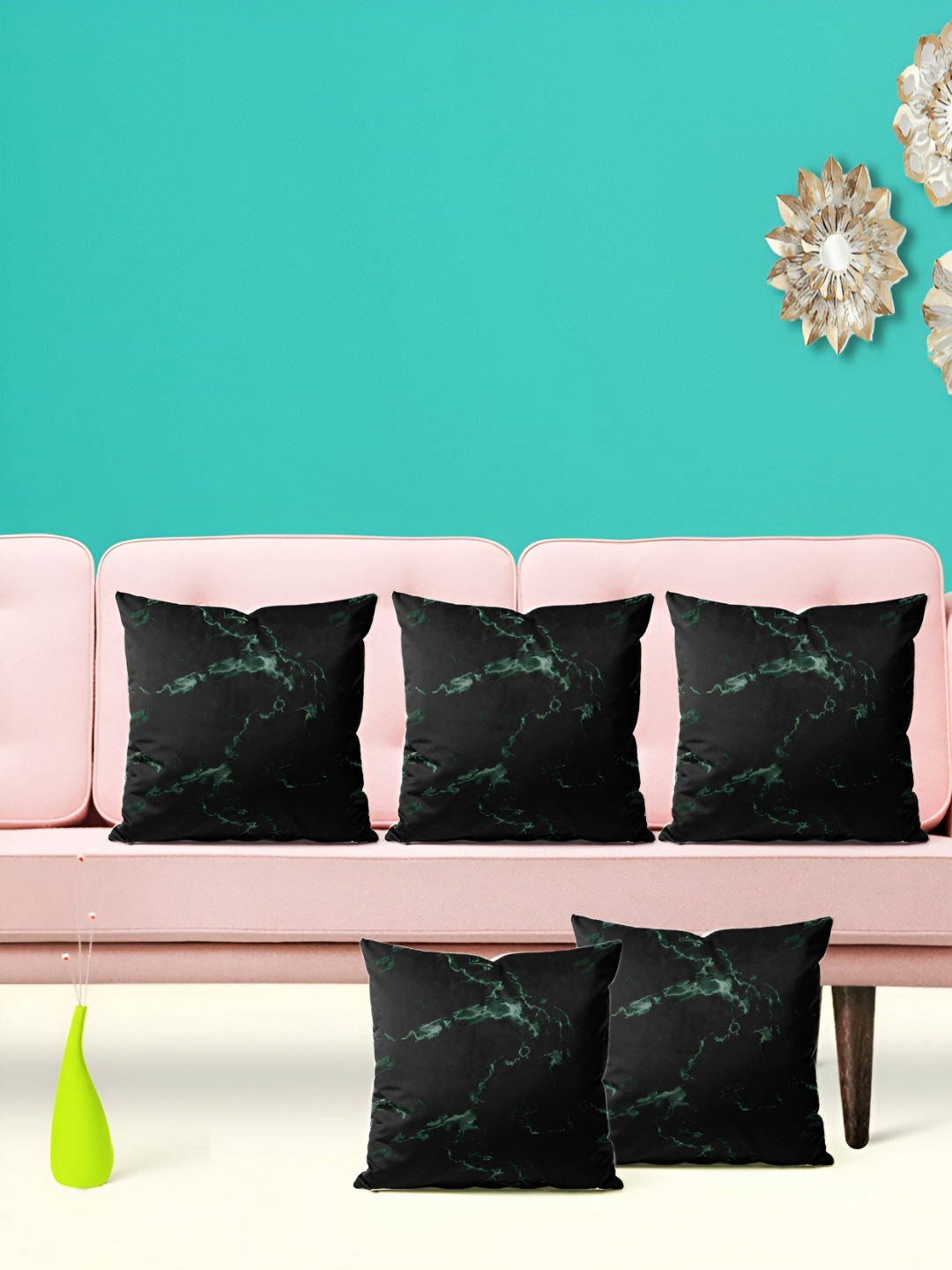 

ArtzFolio Black & Green 5 Pieces Printed Velvet Square Cushion Covers