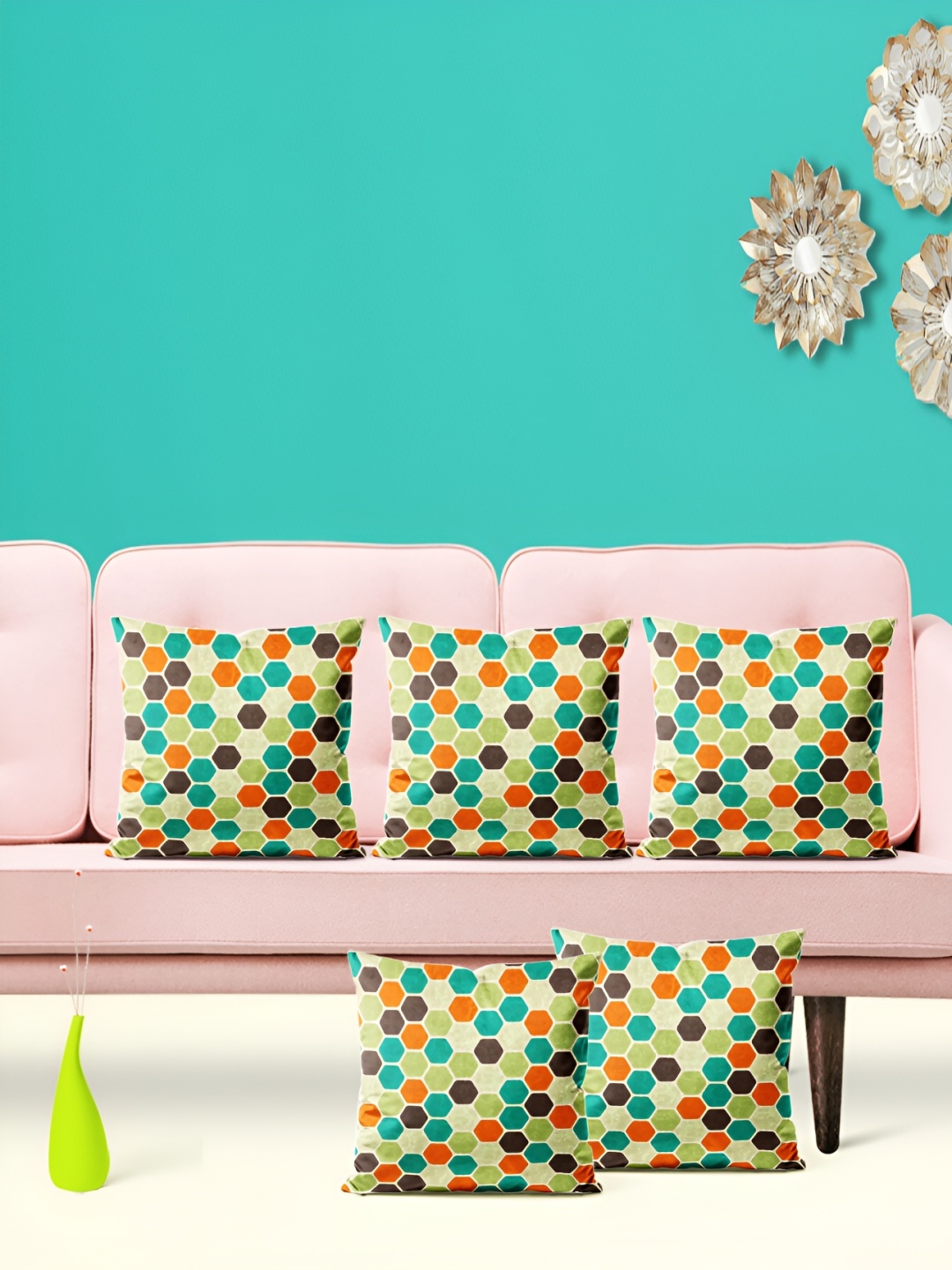 

ArtzFolio Green & Red 5 Pieces Geometric Square Cushion Covers