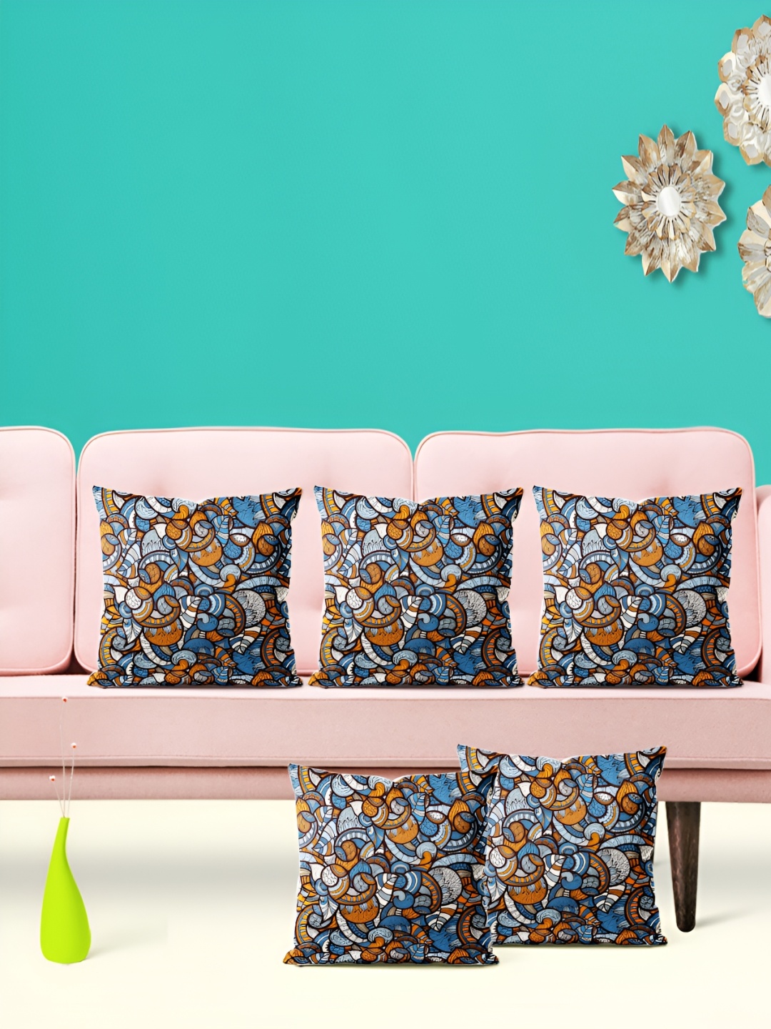 

ArtzFolio Blue & Brown 5 Pieces Printed Square Cushion Covers