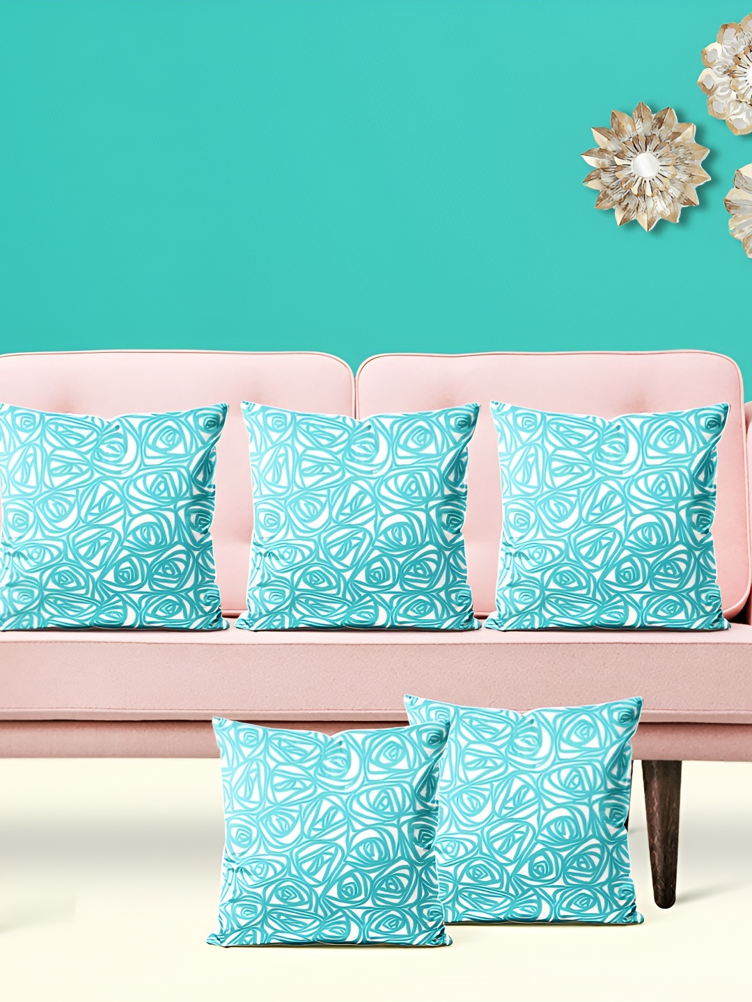 

ArtzFolio Blue & White 5 Pieces Printed Velvet Square Cushion Covers