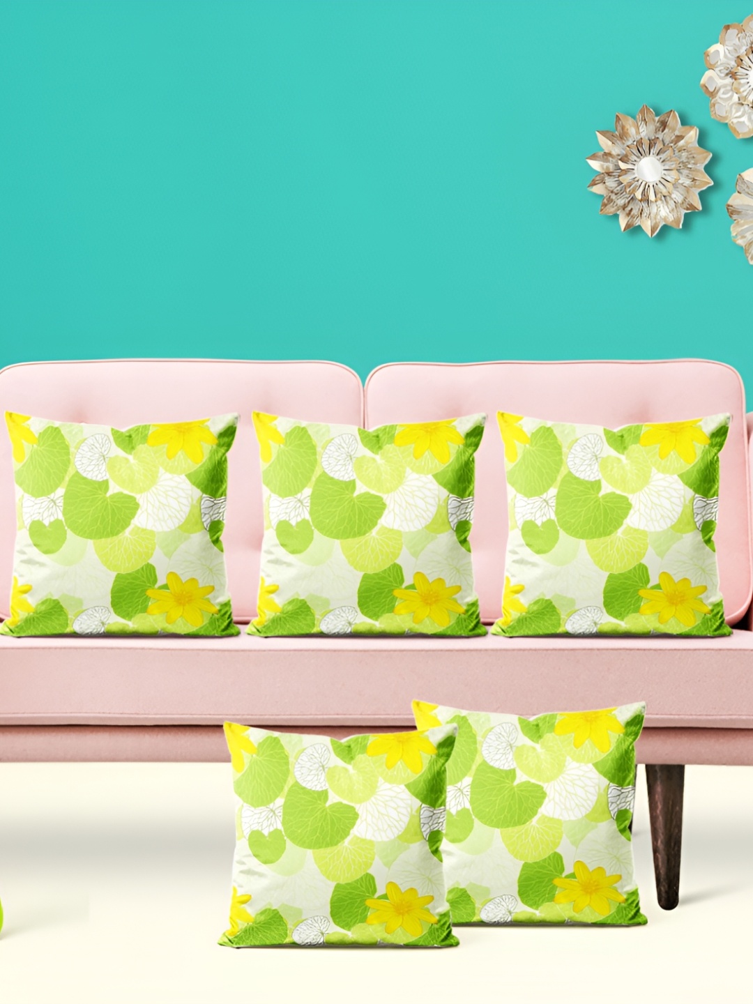 

ArtzFolio Yellow & Green 5 Pieces Floral Square Cushion Covers