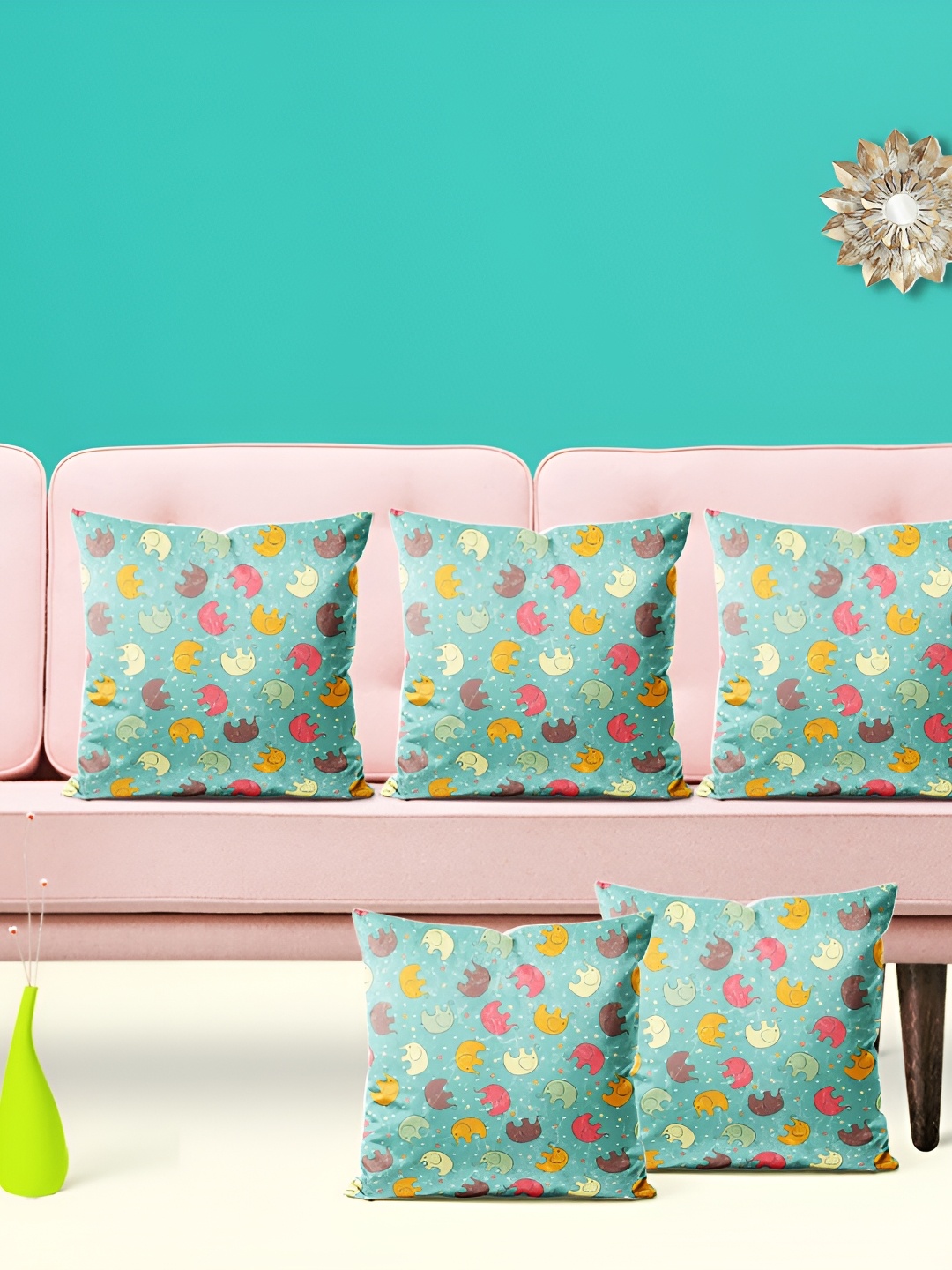

ArtzFolio Sea Green & Orange 5 Pieces Printed Velvet Square Cushion Covers