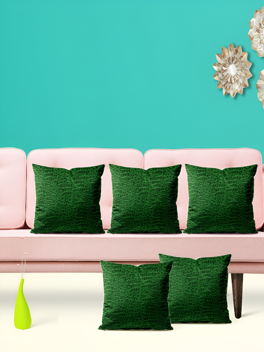 

ArtzFolio Green & White Printed 5 Pieces Velvet Square Cushion Covers