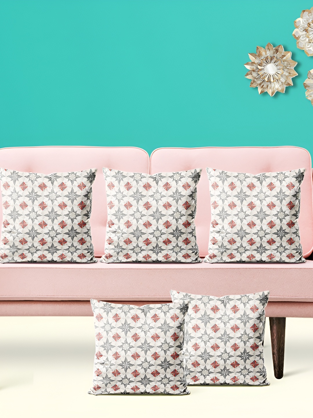 

ArtzFolio Off White & grey 5 Pieces Geometric Printed Square Cushion Covers