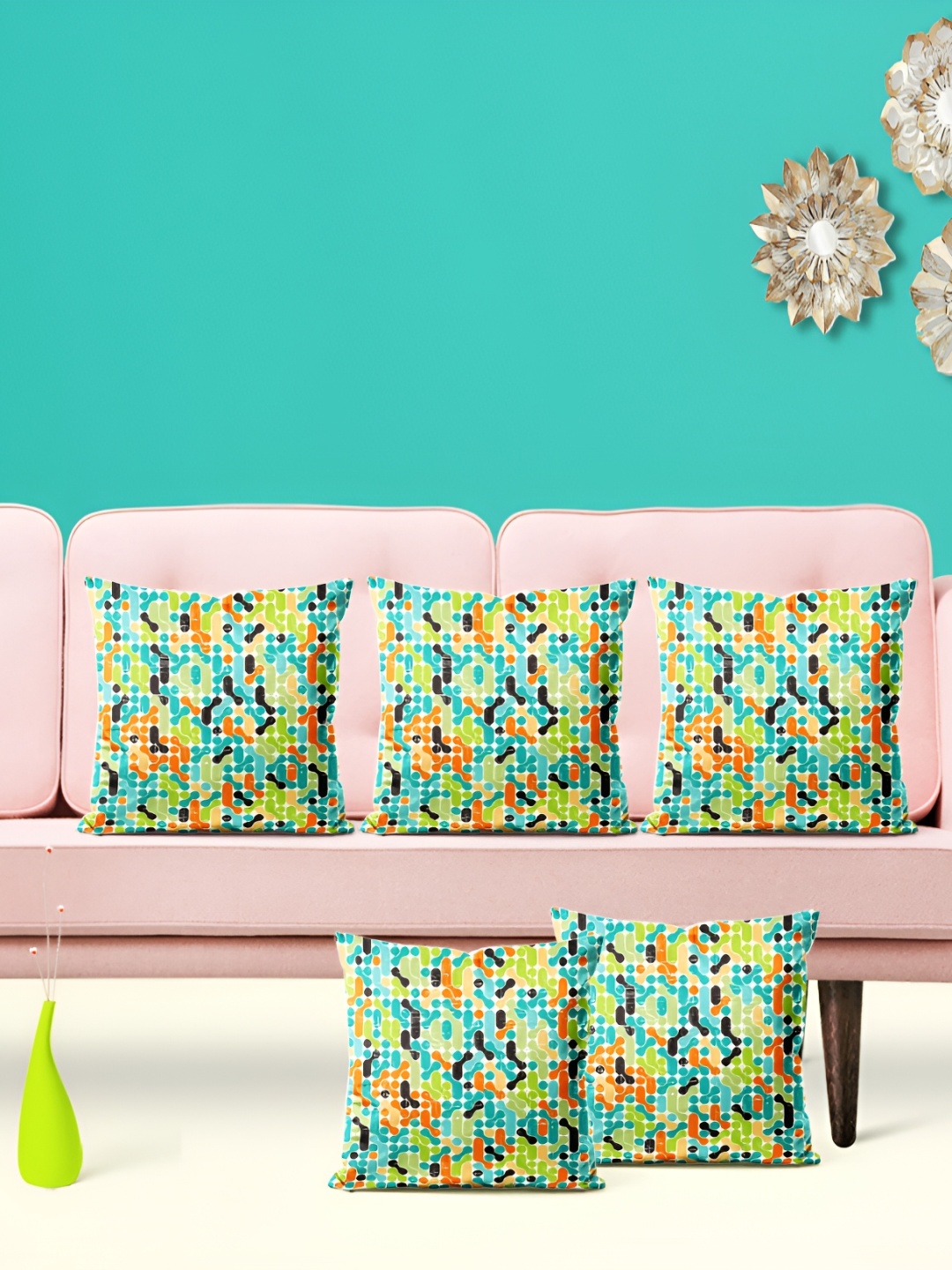 

ArtzFolio Green & Blue 5 Pieces Abstract Velvet Square Cushion Covers