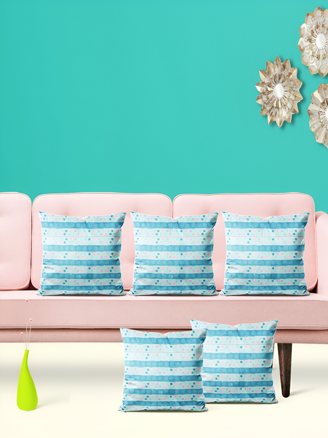 

ArtzFolio Blue & White 5 Pieces Striped Velvet Square Cushion Covers