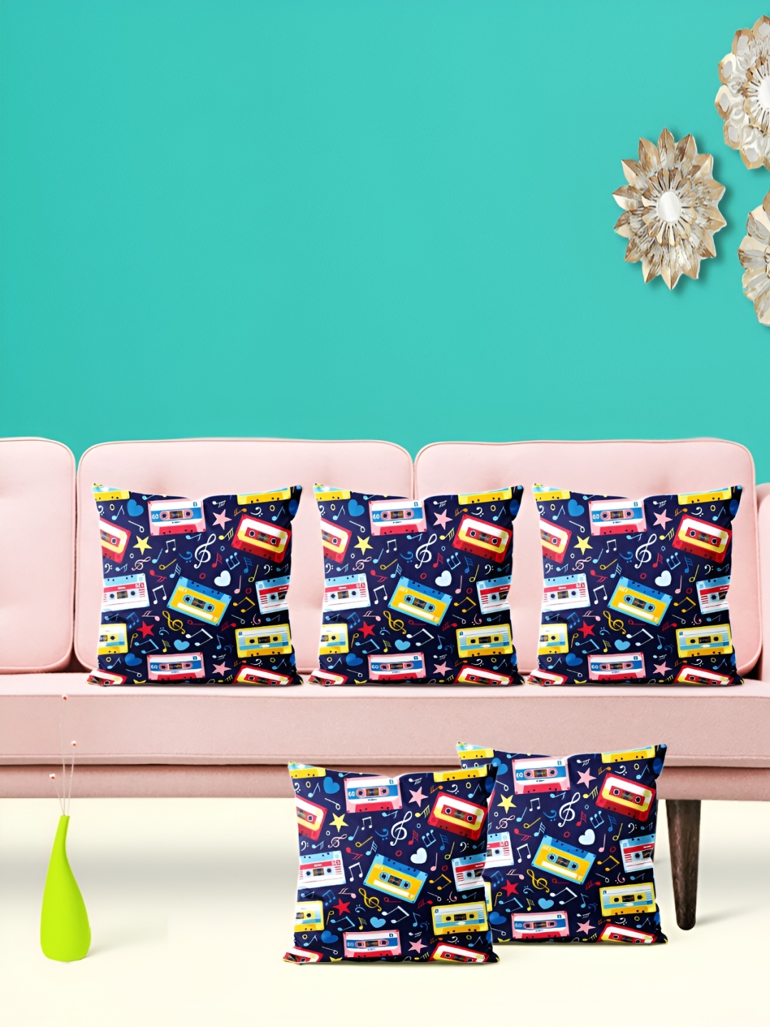 

ArtzFolio Navy Blue & Yellow 5 Pieces Abstract Square Cushion Covers