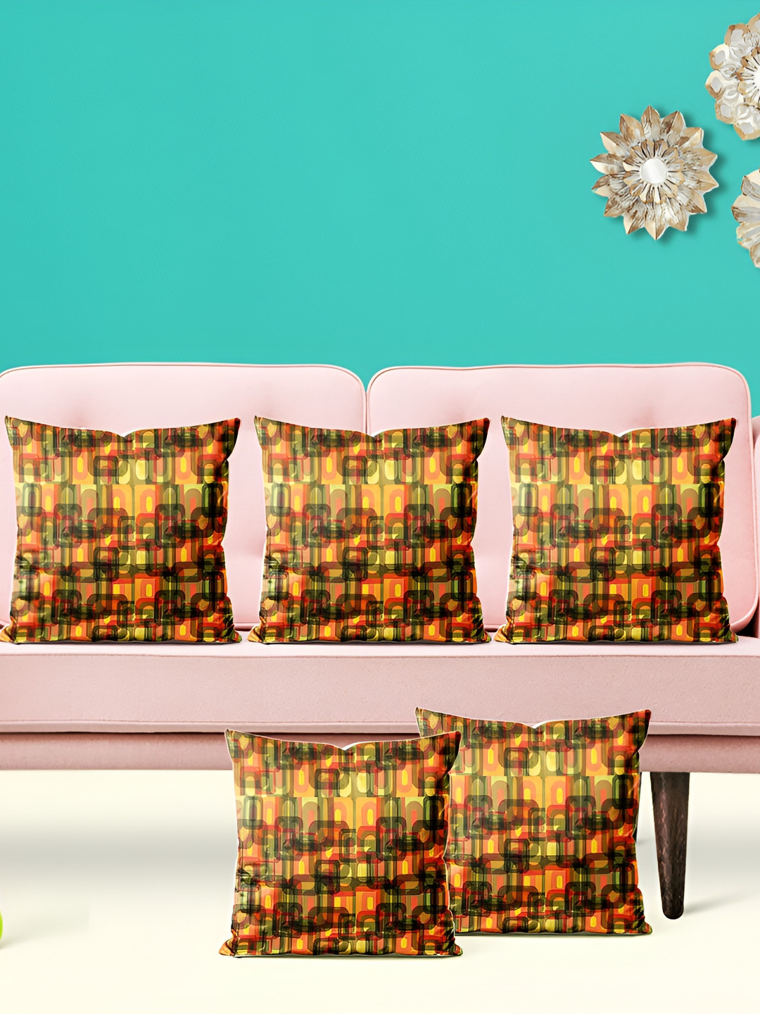

ArtzFolio Green & Orange 5 Pieces Geometric Printed Velvet Square Cushion Covers