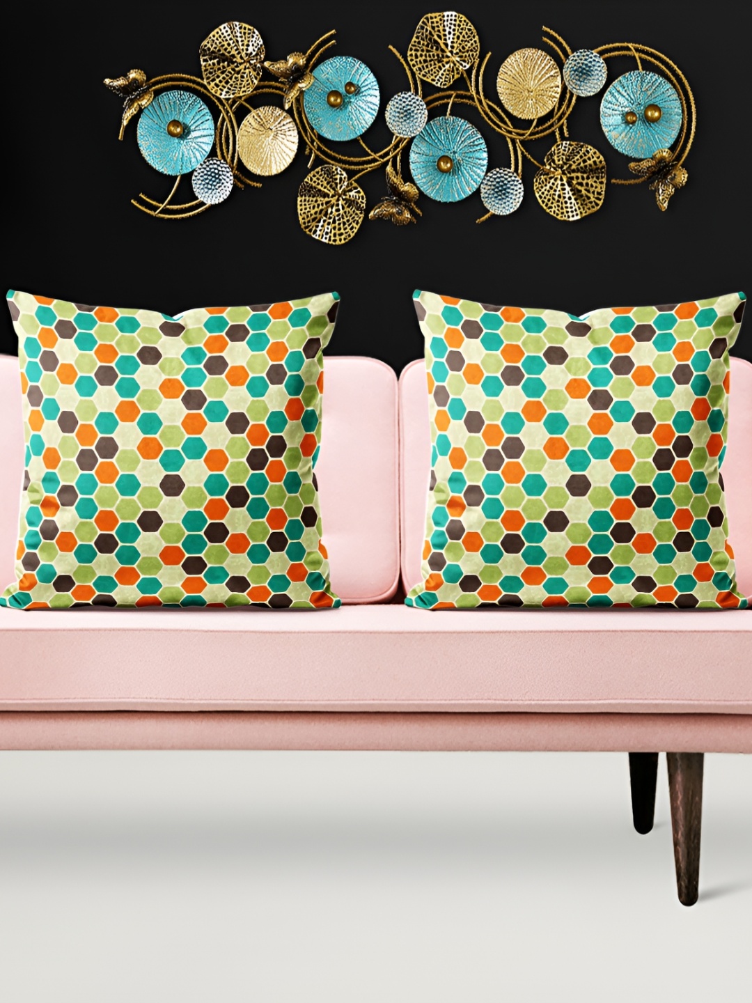 

ArtzFolio Green & Orange 5Pcs Geometric Square Cushion Covers