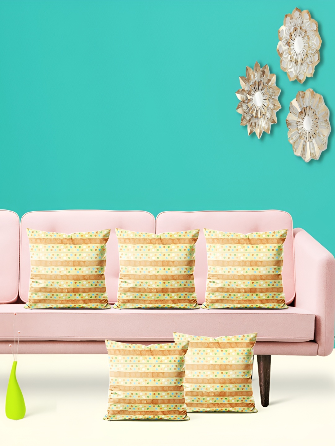

ArtzFolio Beige & Yellow 5 Pieces Striped Square Cushion Covers