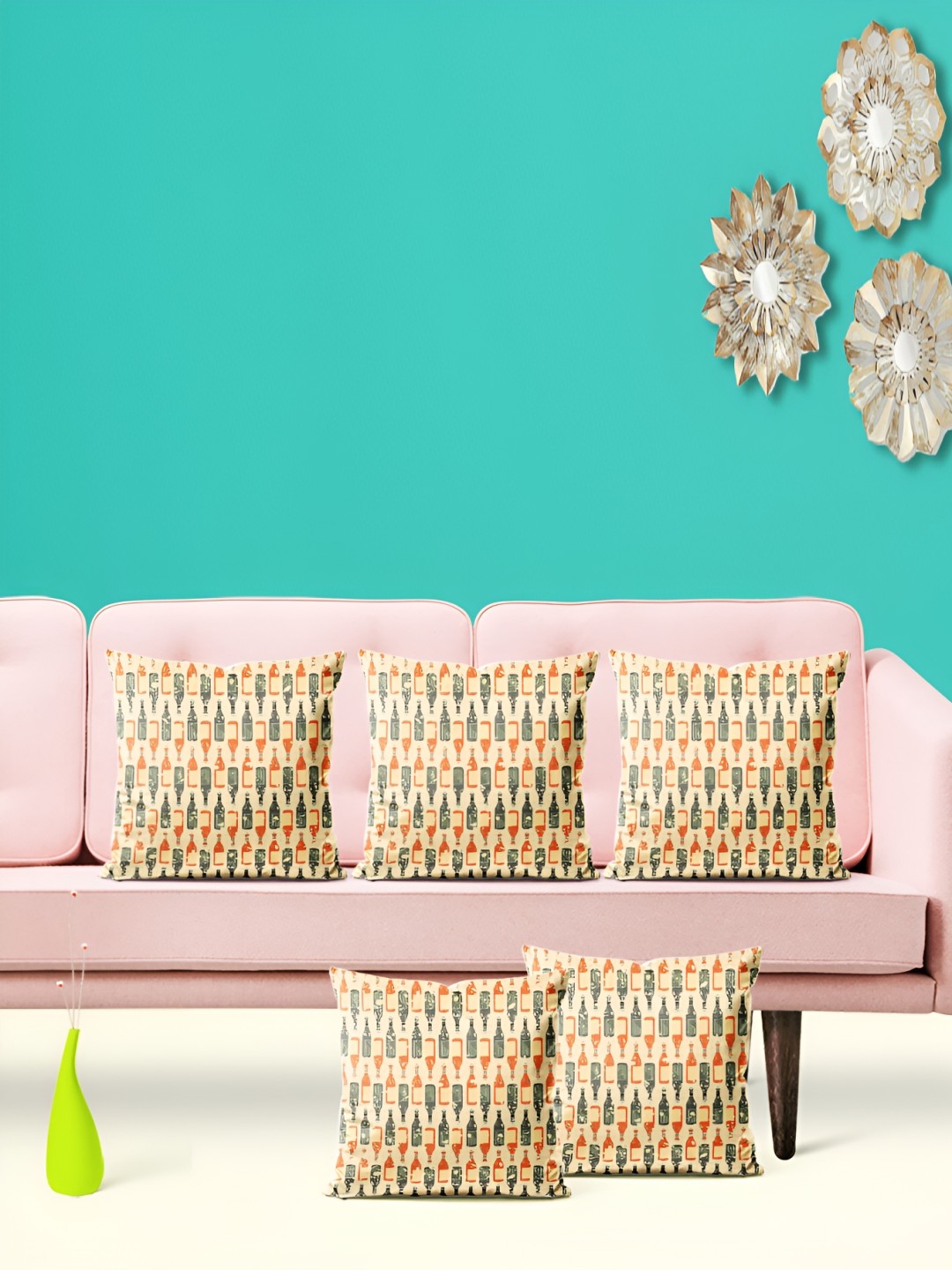 

ArtzFolio Beige & Green Geometric 5 Pieces Square Cushion Covers